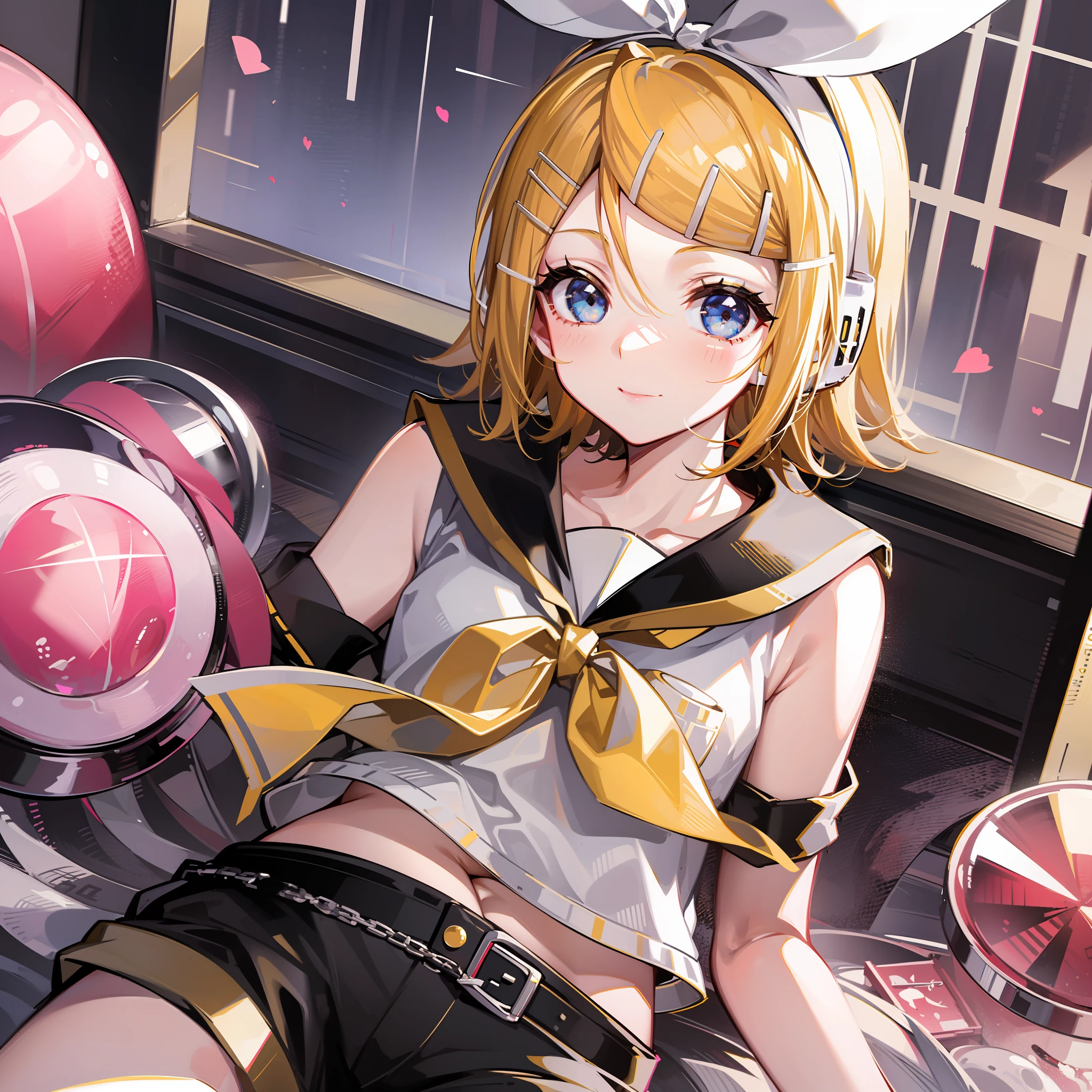 Max Quality、super precise、flawless anatomy、Absurdres、1Girl of Man、(Kagamine_Rin:1.5)、cuddly、Shorthair、、Bishōjo、very young、innocence、purity、Pure、smilling face、Sailor clothes、headphones、Yellow neckerchief、(Black shorts)、belts、(Crystal clear blue eyes)、Bright eyes、Bringing light into the eyes、Bishōjo anime style、Viewers love it、Heart symbol on background、Pampering、lovey-dovey、Staining cheeks red