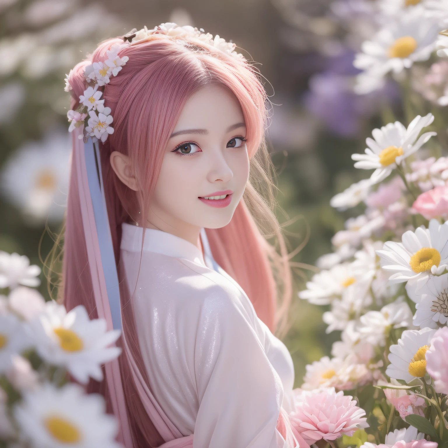 Extremely Detailed CG Unity 8k wallpaper，optimal lighting，super-detailed，best qality，Hi-Res，National style girl，pastel light，beautiful hair，Pink and white Hanfu costume，Open space，white silk，Bright Colors，He smiled，Stand in a sea of flowers