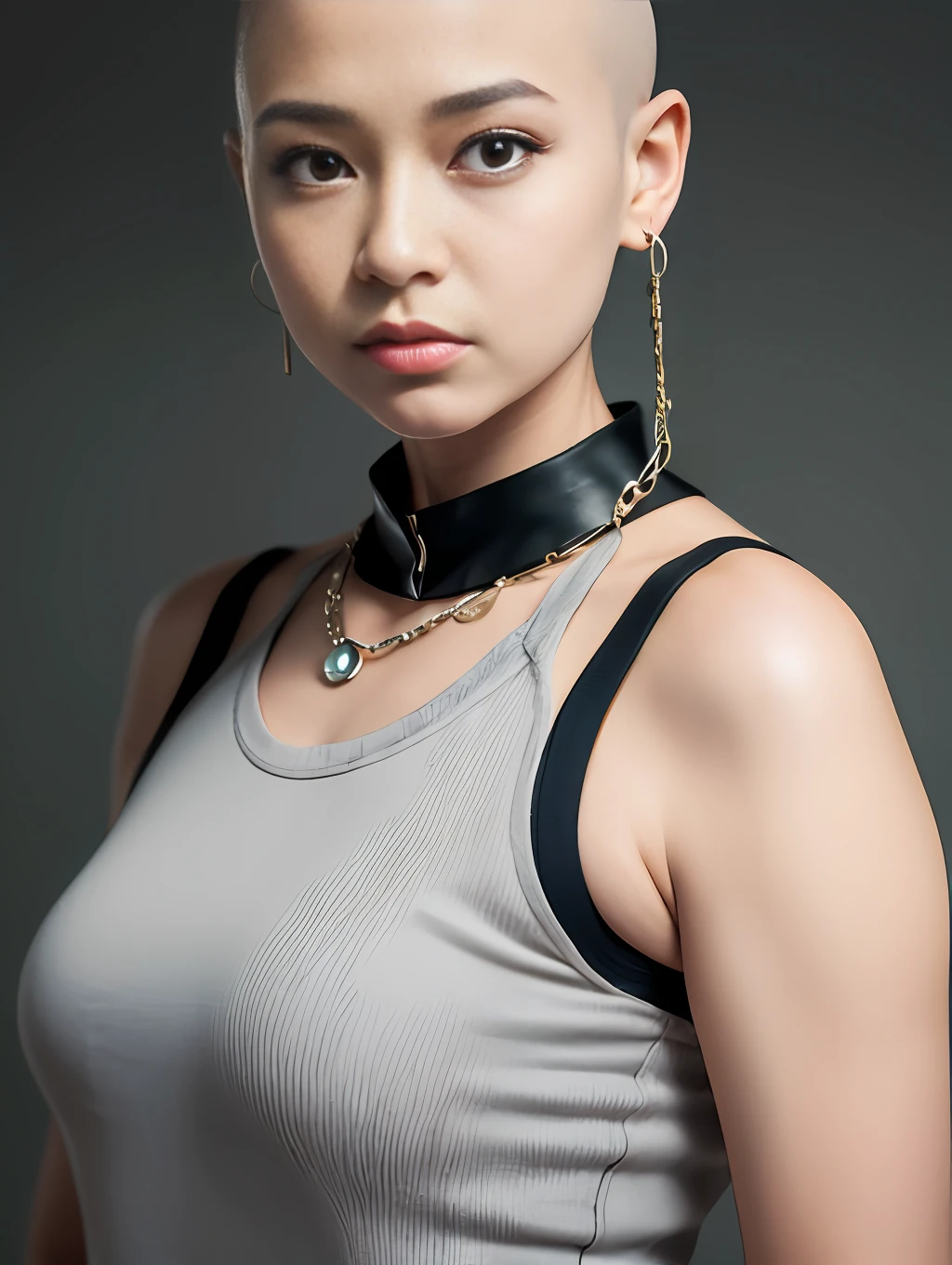 ((The hairstyle is a shaved head、Skinhead))、(Japanes lady)、Age is 55 years old、8K、photot-REALISTIC、Photo Realism、portrait、85mm lens、depth offield、The skin luster is delicate、Eyes are black、drooping eye、A little detached、Lips are plump、bbw、(Rino Katase)、gray suit、tight mini skirt、prison、Barred、gargantilha、Chain to collar、