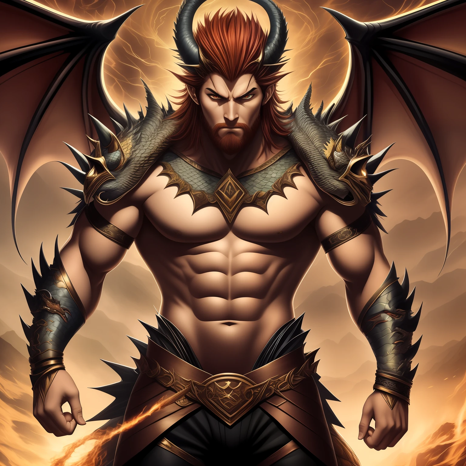 Please create an image of a male human with unique dragon-inspired characteristics. The human should have scattered scales adorning his body, giving him a touch of the mystical. He should possess dragon horns protruding from his head, adding to his distinctive appearance. His clothing should be worn and torn, reflecting a rugged and battle-worn aesthetic. The human should have vibrant red hair, flowing with intensity and energy. His eyes should be a piercing yellow, reminiscent of a dragon's gaze. The overall image should capture the fusion of human and dragon traits, showcasing a fascinating and formidable individual