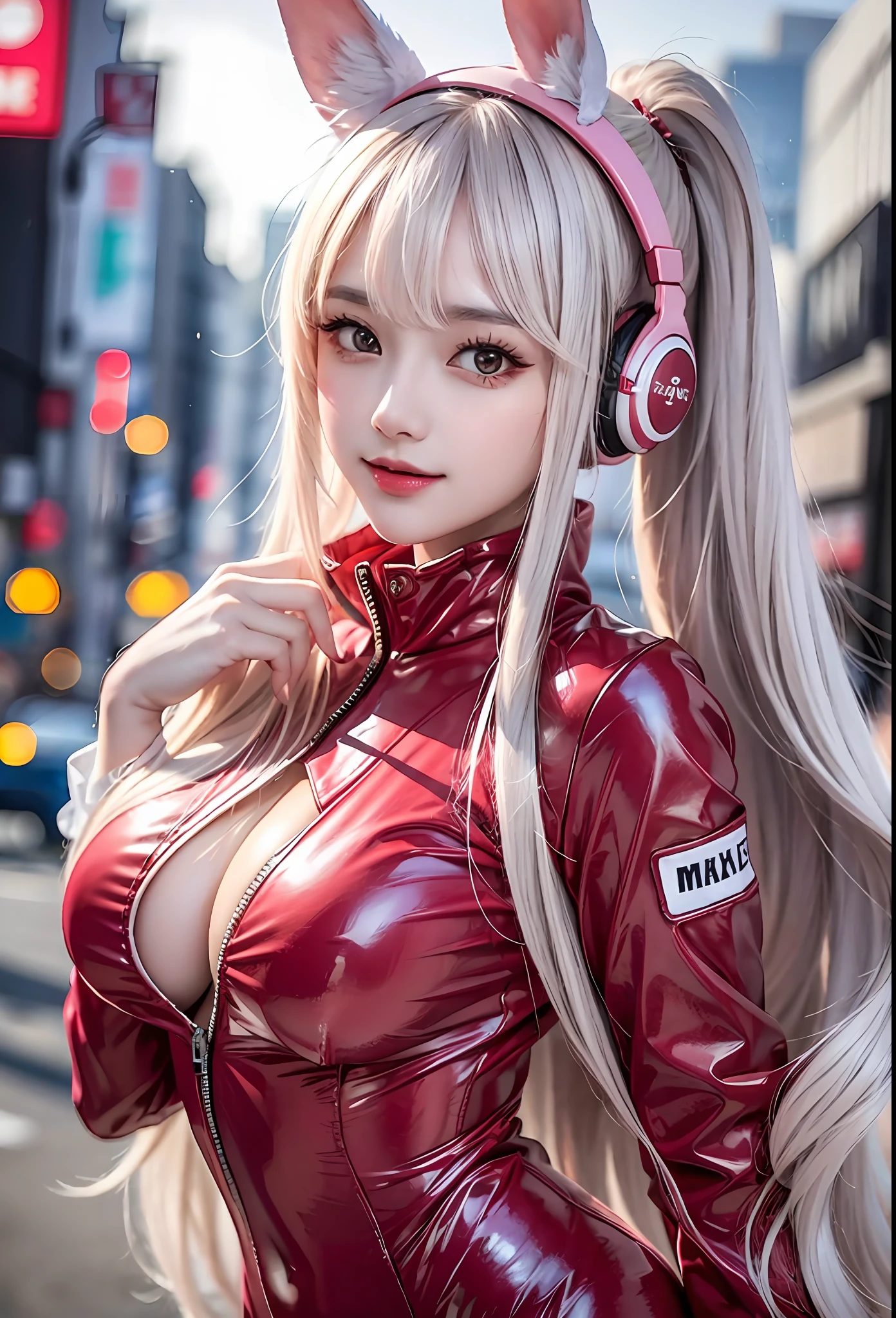 symmetrical,High detail RAW color photo professional close photograph, [:(Very Detailed Faces: 1.2):0.1], (PureErosface_V1:0.6), Pore, Real Human Skin, a portrait of an 18yo woman in a street,detailed tokyo street,outdoor,,,cityscape, huge-breast, show  with , animal ear headphones, animal Ears, V sign, bangs, blush, Bodysuit、, breasts, bunny pose, clothes writing, covered navel, Cowboyshot, CROPPED JACKET, fake animal ears, handbags, hair intakes, headphones, impossible bodysuit, impossible clothes, jackets、, large breasts, Latex, latex bodysuit, long hair, LONG SLEEVES, Look at the Viewer, medium-breasted, multicolored gloves, with mouth open, pink bodysuit, pink eyes, Red Eyes, red jacket, Shiny Clothes, shrug \(Vetements、\), Sidelocks, Complex Background, skin tight, smile, solo、、, thigh gaps, thickthighs, Twin tail, Very Long Hair, white glove, Gray Hair,alice \(NIKKE\),(masterpiece:1.4),(Max Quality:1.4),(shiny skin),realistice，,