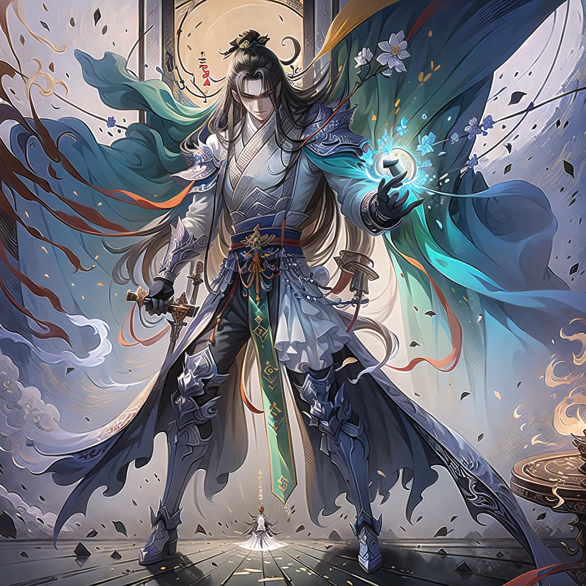 (8k, RAWphoto, best quality, masterpiece: 1.2), Tyndall effect, male, full body, Taoist, dark russet, head up, overlord, (long hair: 1.3), Taoist finger pinched in left hand, Xuanyuan sword in right hand --s3 --auto