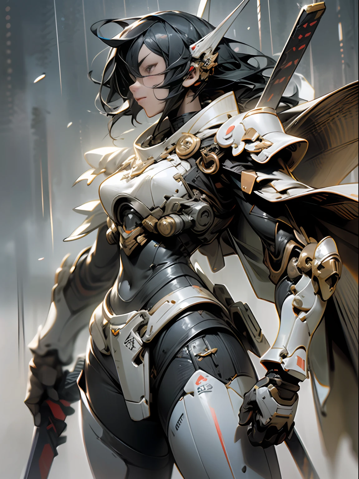 ((fbest quality)), ((Masterpiece)), (Very Detail: 1.3), 3D, Male Valkyrie mecha, Cool cyberpunk warrior with long knife, Has red samurai-style armor, With a samurai mask,Wearing a samurai cape,Rainy weather, sci-fi technology, HDR (high dynamic range), raytraced, Light particles, nvidia RTX, The ultra-Resolution, unreal 5, subsurface scatter, pbr texturing, postprocessing, anisotropic filtering, depth offield、, Maximum sharpness and sharpness, Multi-layer texture, specular and albedo mapping, Surface coloring, Accurate Simulation of Light-Material Interactions, perfect proportions, octanerendering, Two-tone illumination, low ISO, white balance, Rule of Thirds, large aperture, 8K RAW, high efficiency subpixels, Subpixel Convolution, Light particles, light scattering, Tyndall effect, Very cold, Battle posture,(Ruined battlefield after the rain:1.2),