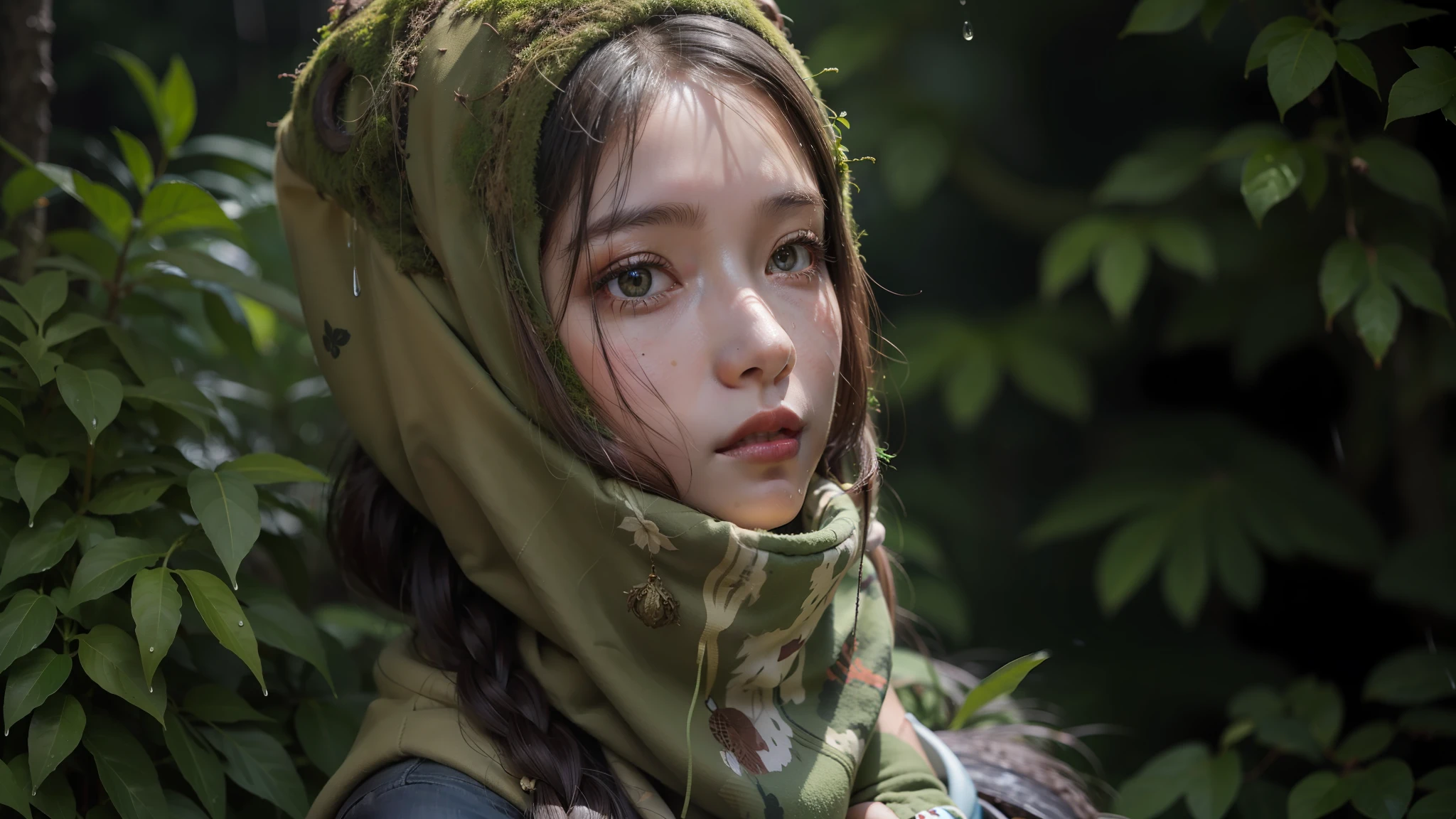 the head is covered with a lot of moss, the background of the forest, the rain
