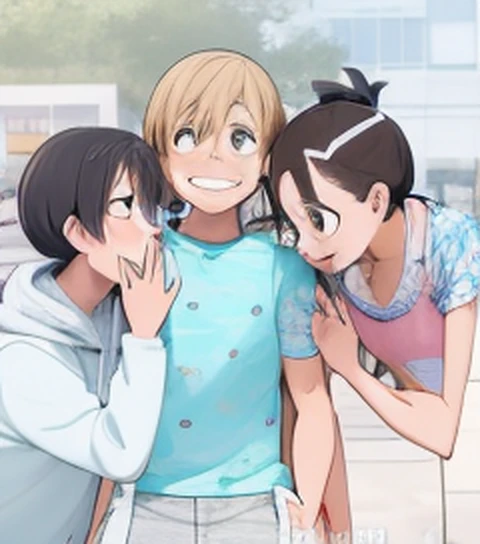 anime characters are talking to each other while standing in a circle, Author：New Art, biting lip, slice of life anime, bite her lip, smileing nright, 8k!, high quality fanart, nagatoro, [[[[grinning evily]]]], sankakucomplex anime image, official fanart, today's featured anime still, laughing