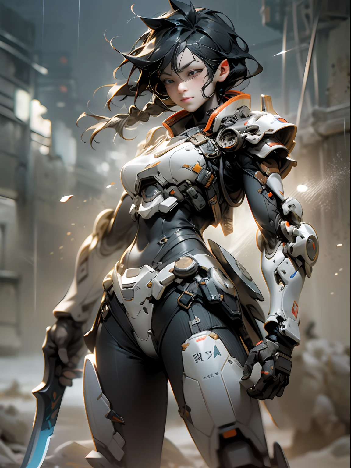 ((fbest quality)), ((Masterpiece)), (Very Detail: 1.3), 3D, Ikaru male Valkyrie mecha, Cool cyberpunk warrior with long knife, Has samurai-style armor, Rainy weather, sci-fi technology, HDR (high dynamic range), raytraced, Light particles, nvidia RTX, The ultra-Resolution, unreal 5, subsurface scatter, pbr texturing, Post-processing, anisotropic filtering, depth offield、, Maximum sharpness and sharpness, multi-layer texture, specular and albedo mapping, Surface coloring, Accurate Simulation of Light-Material Interactions, perfect proportions, octanerendering, two-Tone Lighting, low ISO, white balance, Rule of Thirds, large aperture, 8K RAW, high efficiency subpixels, Subpixel Convolution, Light particles, light scattering, Tyndall effect, Very cold, Battle posture, black hair with braids,(Ruined battlefield after the rain:1.2),