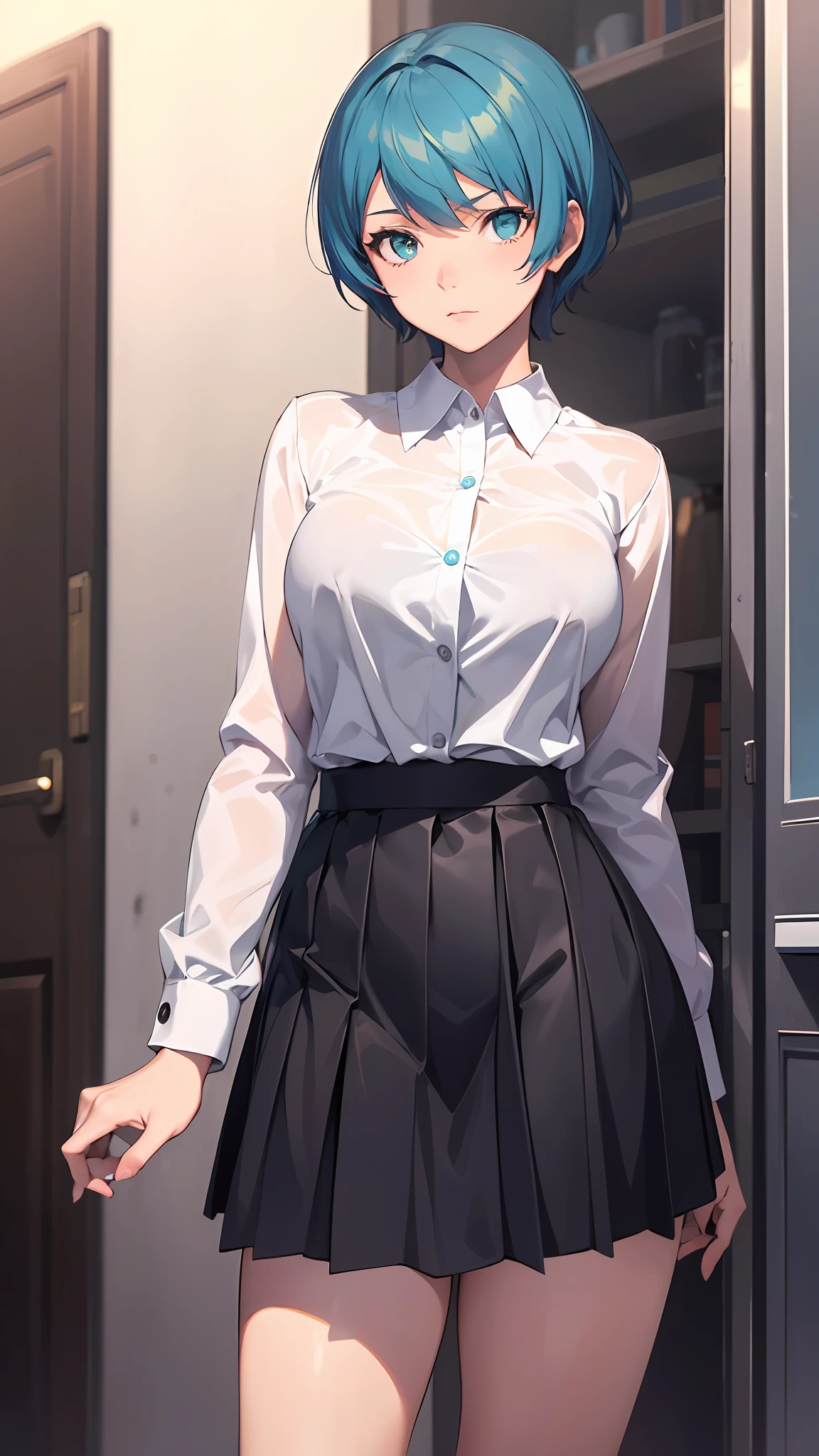 Solo, 1girl, Mature female, Milf, Yamagishi Fuuka, persona 3, aqua hair, white shirt long sleeves, black skirt, pleated skirt, cynical stare