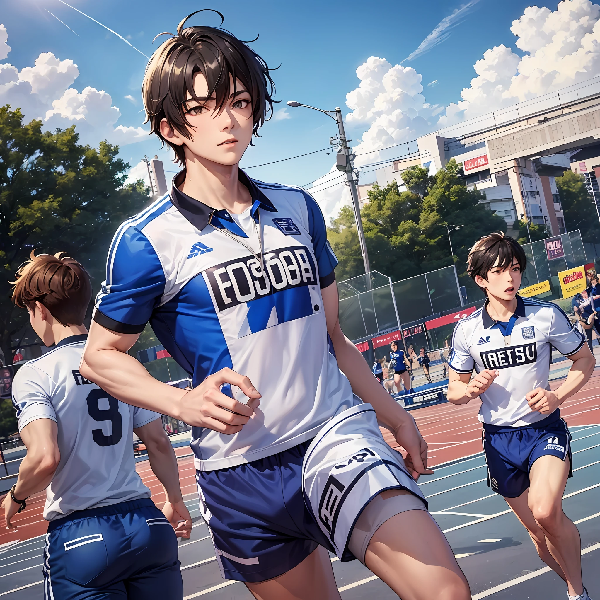 a wide shot、FULLBODY、 Obra-prima、Max Quality、An ultra-detailliert、HI-RES、HI-RES、 Full body beauty anime style boy、(Anime Line Art)、ultra fine illustration、Hand Painted、 SHINY SKIN、Detailed skin、bare navel、 Describe the moment when a man is running dynamically、Cute guy、 Good looking、Neutral face、Running male track and field athletes、 Flat breasts、 Emphasize being a man、 Blue shorts and short-sleeved uniform、White Track Shoes、Athletic Track、Blue sky、