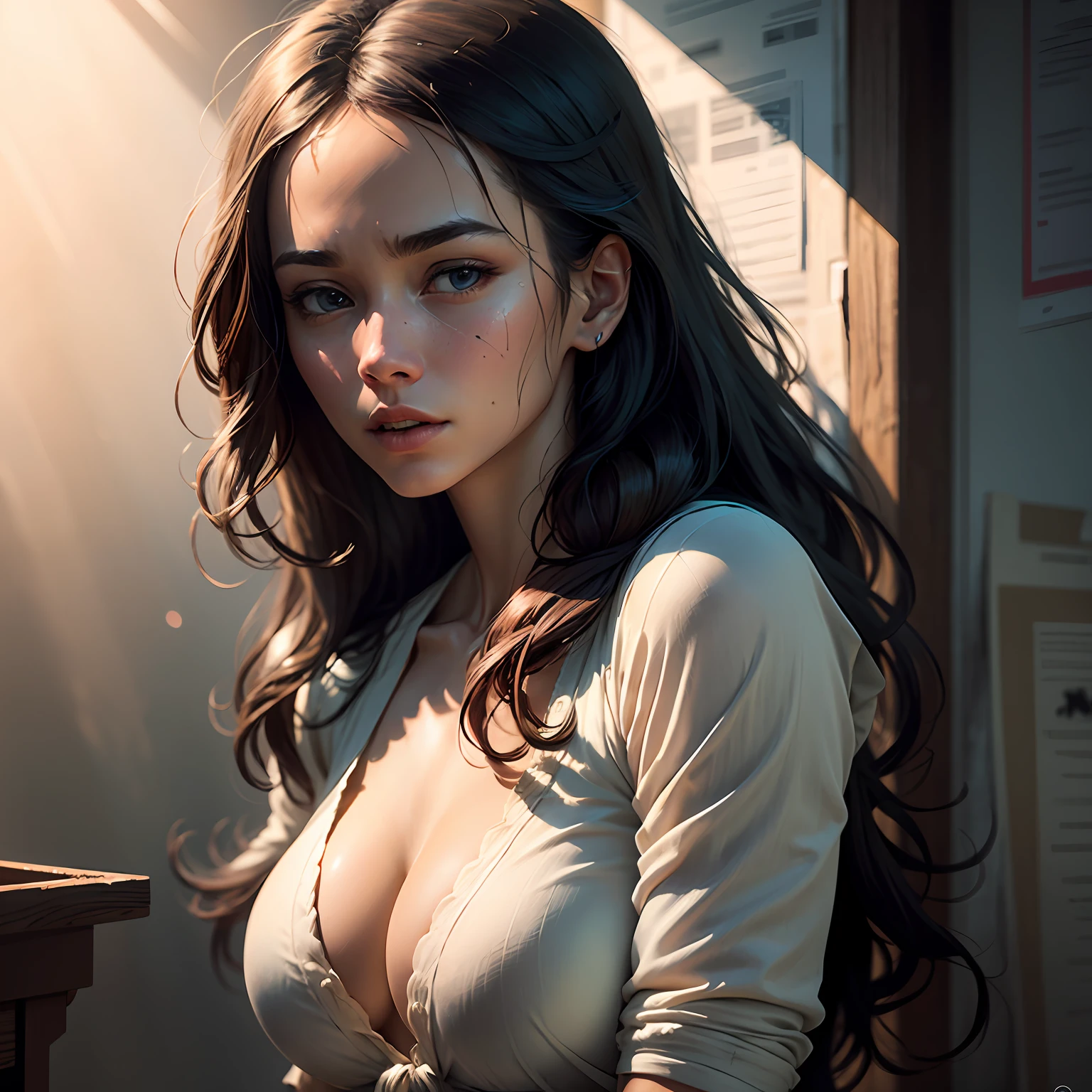 (RAW photo, best quality), (realistic, photo-realistic:1.3),best quality,highly detailed,masterpiece,ultra-detailed,illustration,1girl,upper_body,dynamic angle,world masterpiece theater,messy_long_hair,best quality,extremely detailed CG unity 8k wallpaper,ink,Amazing,cinematic lighting,lens_flare, dunhuang_style --auto