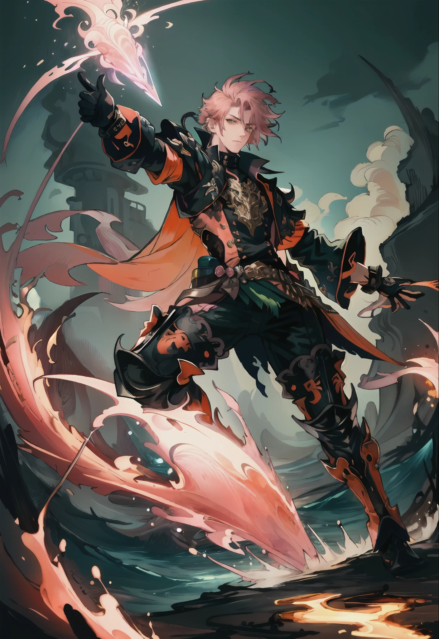 masterpiece,best quality,painting of a man,((illusionist, intricate outfit, Neon Orange theme)),shocked look,in shape thin man,medium hair,Bright Pink hair,hair,Dark Green eyes,tall,temperate ocean,intricate background,dynamic pose,action scene