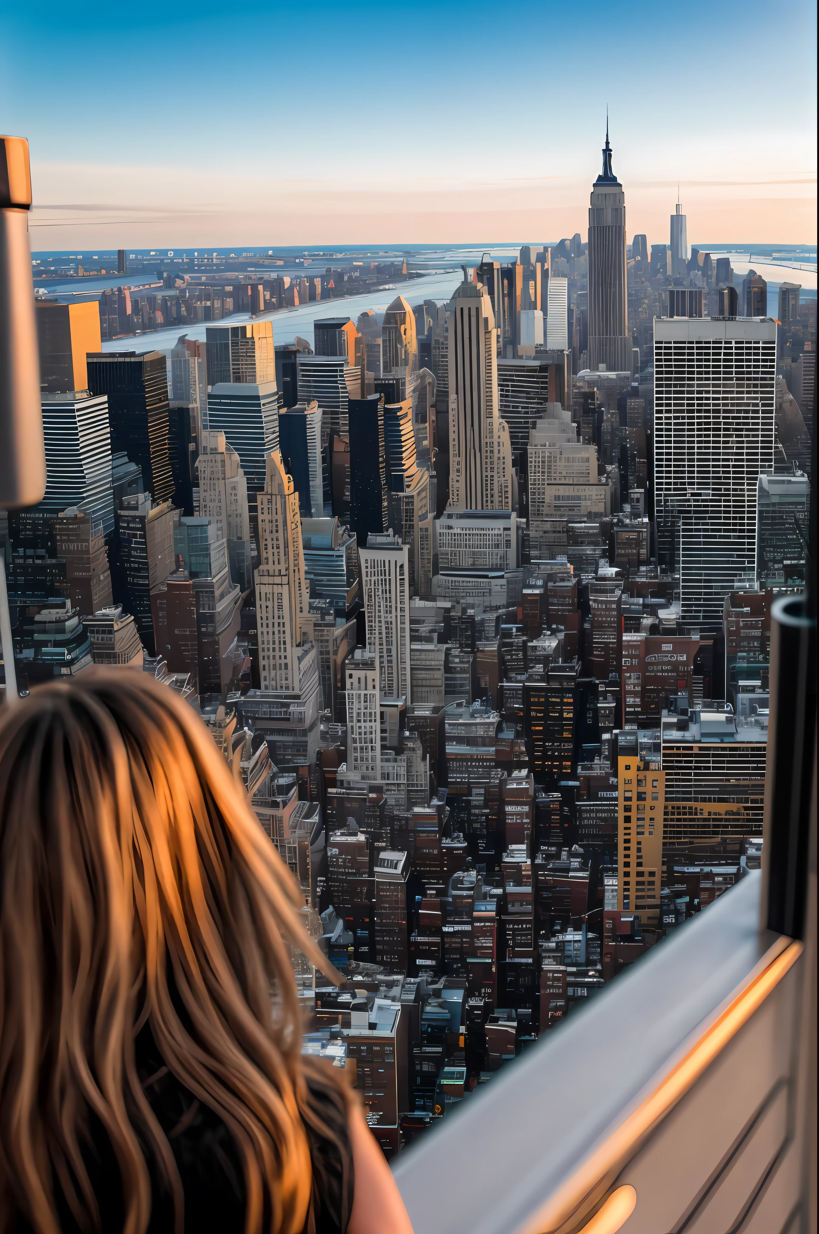 escuro e sombrio, 8k, uma foto de perto da morena com os cabelos tingidos de loiro, with New York City behind her, textura realista, dynamic composition, Fujifilm XT2, 85mm F1.2, velocidade do obturador 1/80, (bokeh), alto contraste
