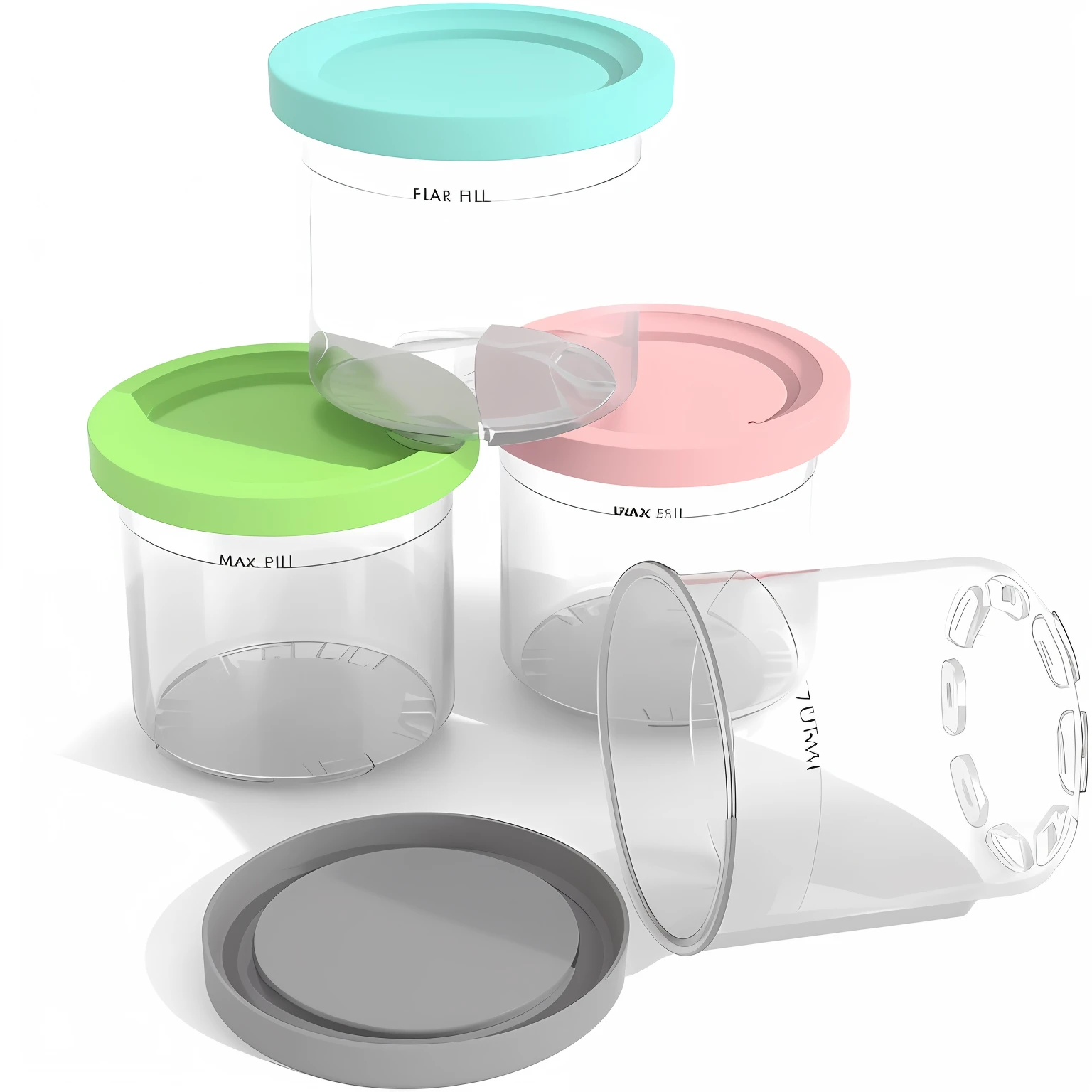 three containers with lids and lids are stacked on top of each other, The jar contains desserts such as ice cream and yogurt,, maxar, Full Shot Shot ( fs ), vials, 4 cannabis pots, hero shot, packaging lens, glass jar, panzer, product photo, incubator medpods, beakers, sterile colours, product rendering, official product image, vials, pinterest keyshot product render, hull, medium poly