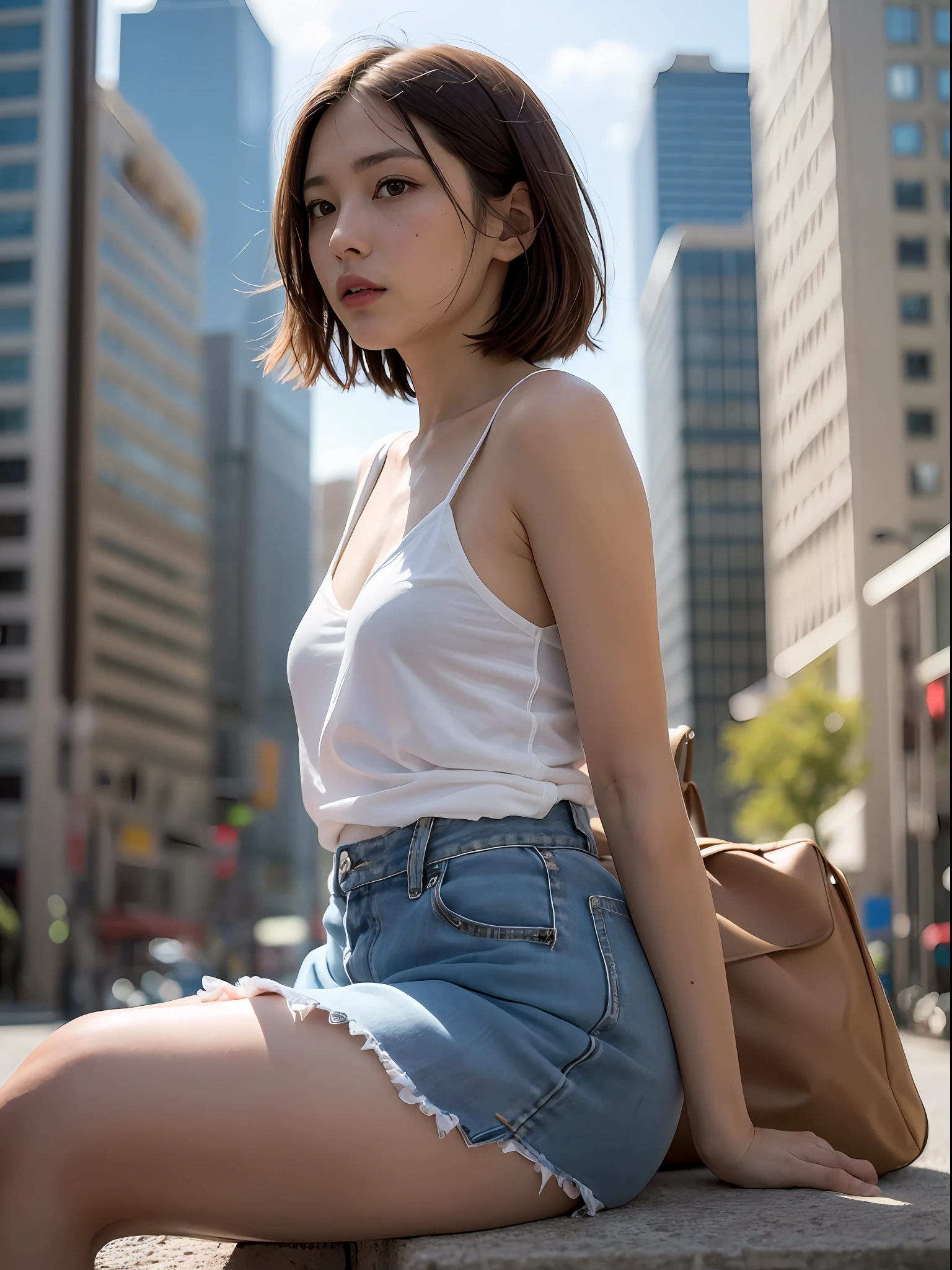 ((Best quality, 8k, Masterpiece: 1.3, raw photo)), Sharp focus: 1.2, (1 AESPA girl: 1.1), (realistic, photo-realistic:1.37), face focus, cute face, small breasts, flat chest, brunette messy short hair, sitting, look back, (white camisole: 1.2), skirt, city, sunlight, cinematic lighting, from below