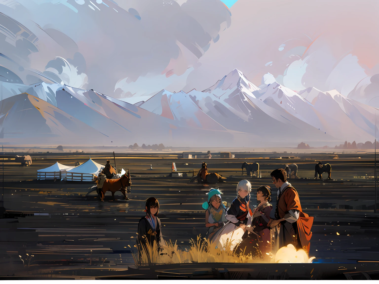 horses and riders are running in a field with mountains in the background, Author:Alexander Mann, in the steppe, cinematic silk road lanscape, sci - fi mongolian village, disco elysium concept art, rpg scene, inspired by Yuri Ivanovich Pimenov, concept art scene, illustration matte painting, mongolia, disco elysium art, disco elysium artwork,Green meadow ,Mongolian family,Mongolian costume,Anaglyph,Realisticstyle,modernistic,romanticism,Expressionism,Verism,light and shade contrast,cinematic Lighting,super high definition,High Details,8k,best qality,The focus is on the people