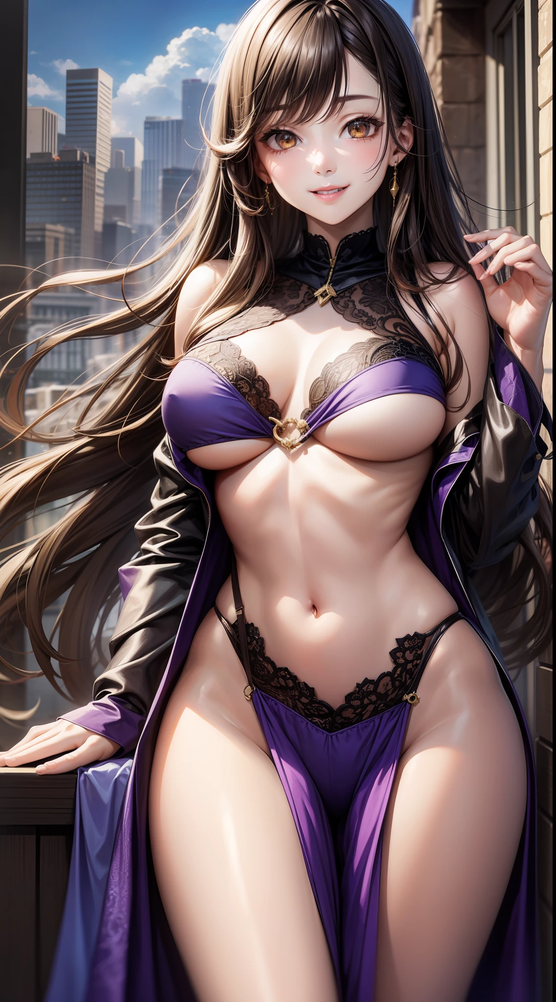 A young girl, long Brown hair, golden eyes, Summer robe, purple sleeveless top, open abdomen, inner boob, smile, masterpiece, high-quality