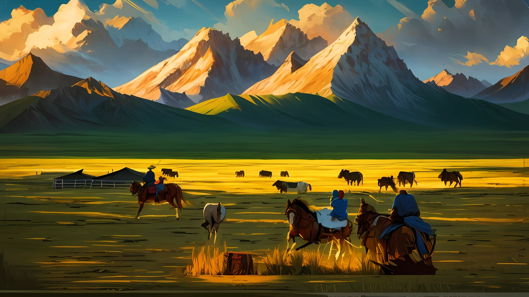 horses and riders are running in a field with mountains in the background, Author：Alexander Mann, in the steppe, cinematic silk road lanscape, sci - fi mongolian village, disco elysium concept art, inspired by Yuri Ivanovich Pimenov, rpg scene, concept art scene, illustration matte painting, mongolia, disco elysium art, disco elysium artwork,Screen fusion，Unified style，Unify the light，Green meadow ，Mongolian family，Mongolian costume，Anaglyph，Realisticstyle，modernistic，romanticism，Expressionism，Verism，light and shade contrast，cinematic Lighting，super high definition，High Details，8k，best qality，The focus is on the people