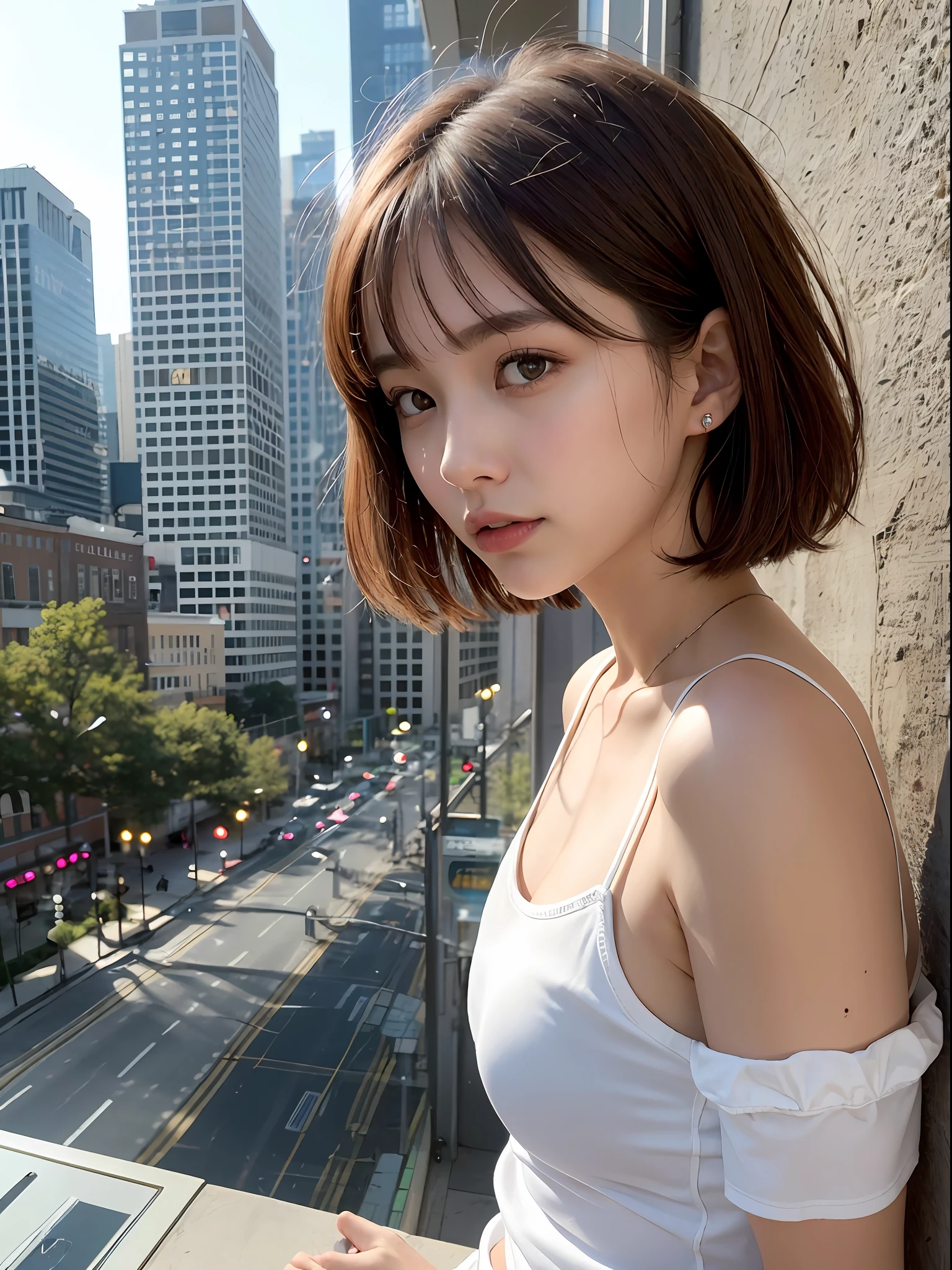 ((Best quality, 8k, Masterpiece: 1.3, raw photo)), Sharp focus: 1.2, (1 AESPA girl: 1.1), (realistic, photo-realistic:1.37), face focus, cute face, small breasts, flat chest, brunette messy short hair, sitting, look back, (white camisole: 1.2), skirt, city, sunlight, cinematic lighting, from below