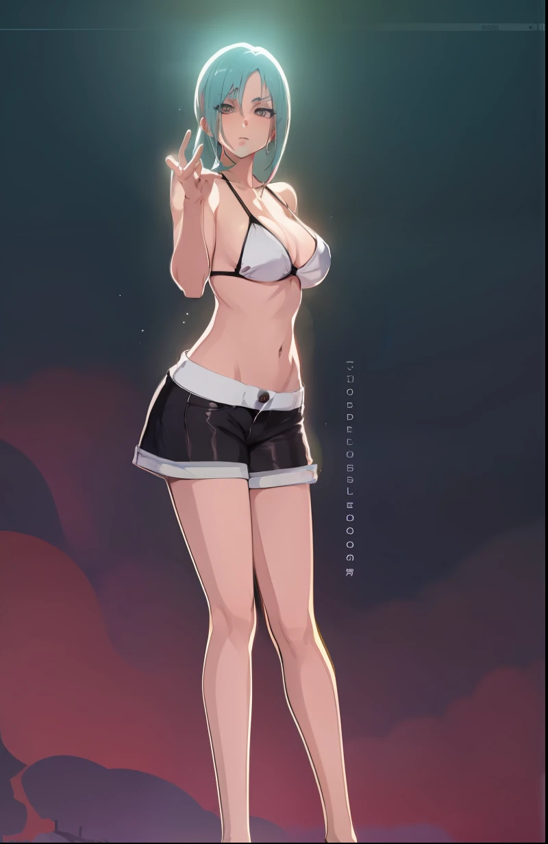 cartoon of a woman in a bikini top and shorts with a purse, de meninas da linha de frente, meninas estilo linha de frente, detalhes finos. meninas da linha de frente, foco nas coxas, menina anime sedutora, roupa reveladora, noire cena mal-humorada, estilo anime ecchi, cell shaded adult animation, SFW Version, (sfw) seguro para o trabalho, Varied positions, seios grandes, cabelo preto