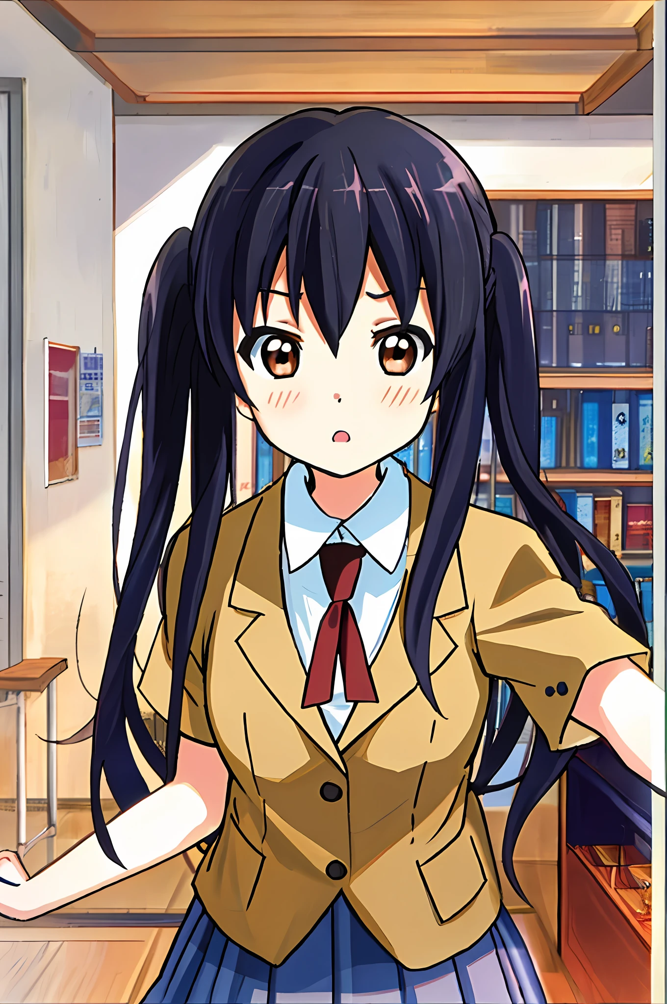 1girl, (((Obra-prima))), Max Quality, Max Quality, The high-detailing, Azusa Nakano, 1girl, Sakuragaoka High School Uniform, musical instrument, Student uniform, Twin tail, slong hair, dark-haired, BROWN EYES, solo, reddish, Dark blue blazer with thin red ribbon, Solid white buttoned shirt under blazer, An illustration, comic, soothing tones, Muted Colors, Soft cinematic light, adobe lightroom, photo lab, HDR, Complex and highly detailed、(((depth offield))))。(((Obra-prima)))。(((Max Quality))).)((An ultra-detailliert)))。(((An illustration))).fighting stance.Despair face.Be proud.NIGHT.