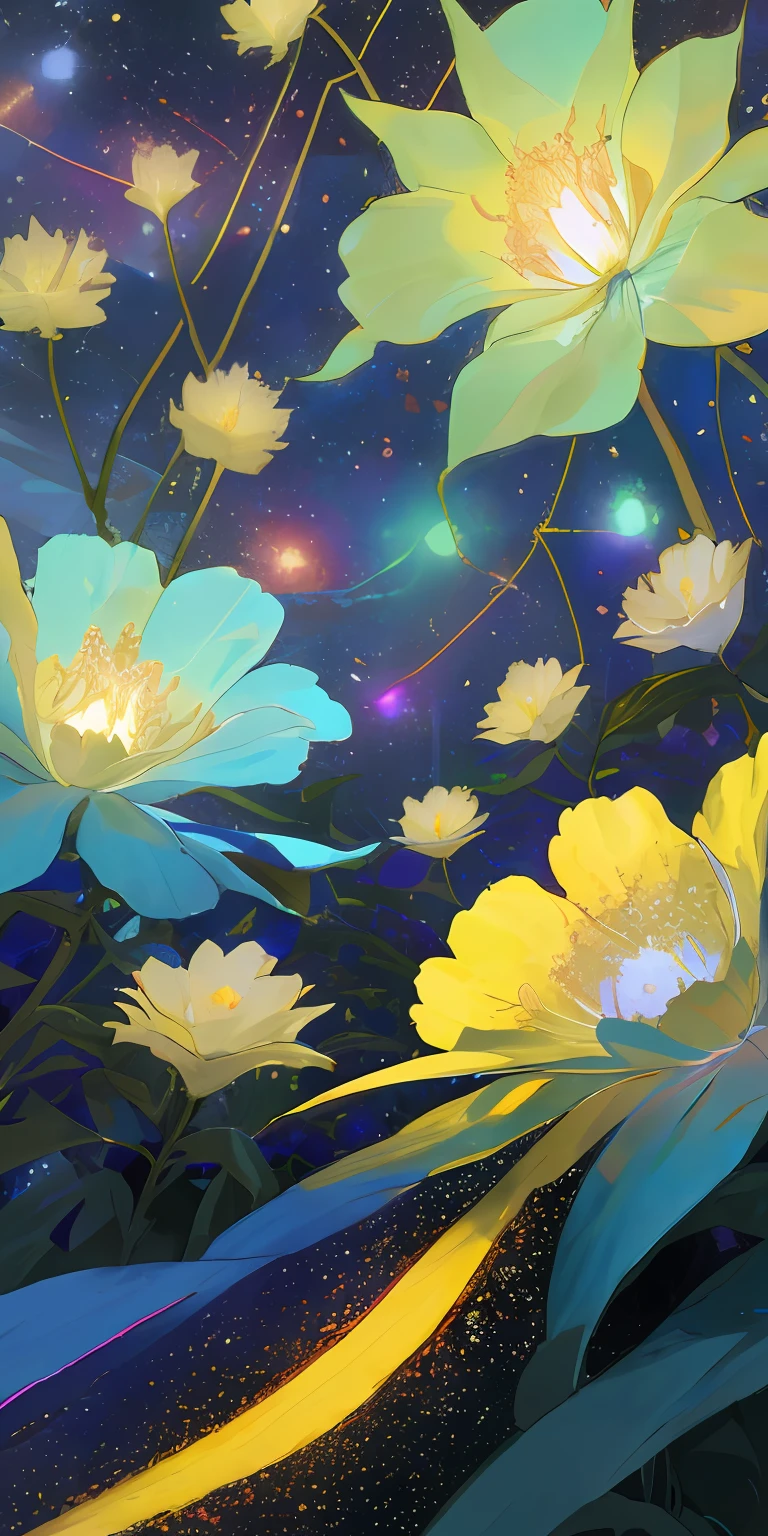 A vacant lot,Flowers grow in open spaces,In the distance is a dark forest,The flowers are bright,light sparkles,Clear skies change from above to dark skies,Look at the camera from below,Dark lighting,volume illumination,super-detail,Environmental details,highs quality,coverpage,Fantasia,Arte,MasterPiece,best best quality