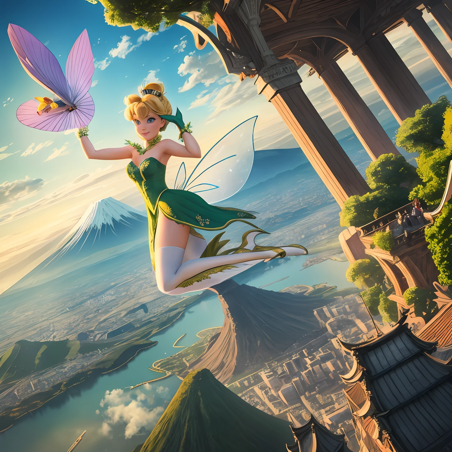 Tinker Bell from Disney is flying over Suruga Bay on an airship. Tinker Bell is wearing a golden dress and standing on the flagpole of the airship. Behind her is Mount Fuji, with white clouds floating in a blue sky. Tinker Bell is wearing a fairy-tale outfit decorated with leaves and flowers. This image is taken with a high-quality camera and is composed to highlight Tinker Bell and the airship against the backdrop of Mount Fuji. The perspective is chosen to showcase the grandeur of both Tinker Bell and the mountain. The lighting is natural and soft, enhancing the colors and details of the scene. The depth of field is carefully adjusted to keep Tinker Bell and the airship in sharp focus while creating a slightly blurred background. The shutter speed is set to capture any movement with precision, ensuring a crisp and dynamic image. The overall photo quality captures the intricate details of Tinker Bell's attire and the airship's design.