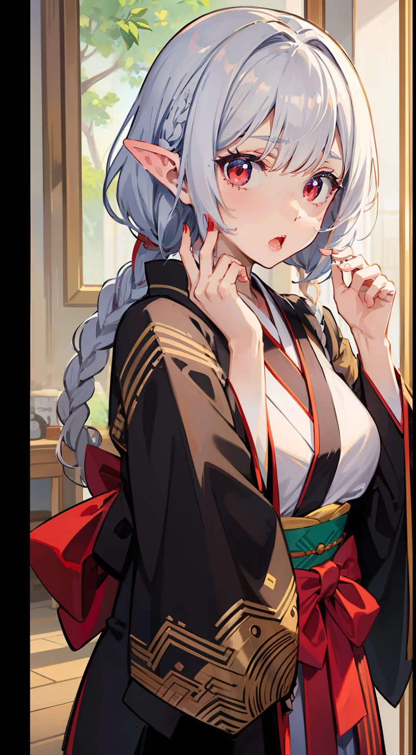 ((Put your hands on your face)), ((Surprised)), (Red Face), 1女の子の接写, elvish, silver brond hair, Red eyes, Braided hair, bob cuts, kimono ,、 ,, Mirror, Gender Change, Concept art, beautiful anime scene, beautiful anime scenery, Max Quality, Obra-prima