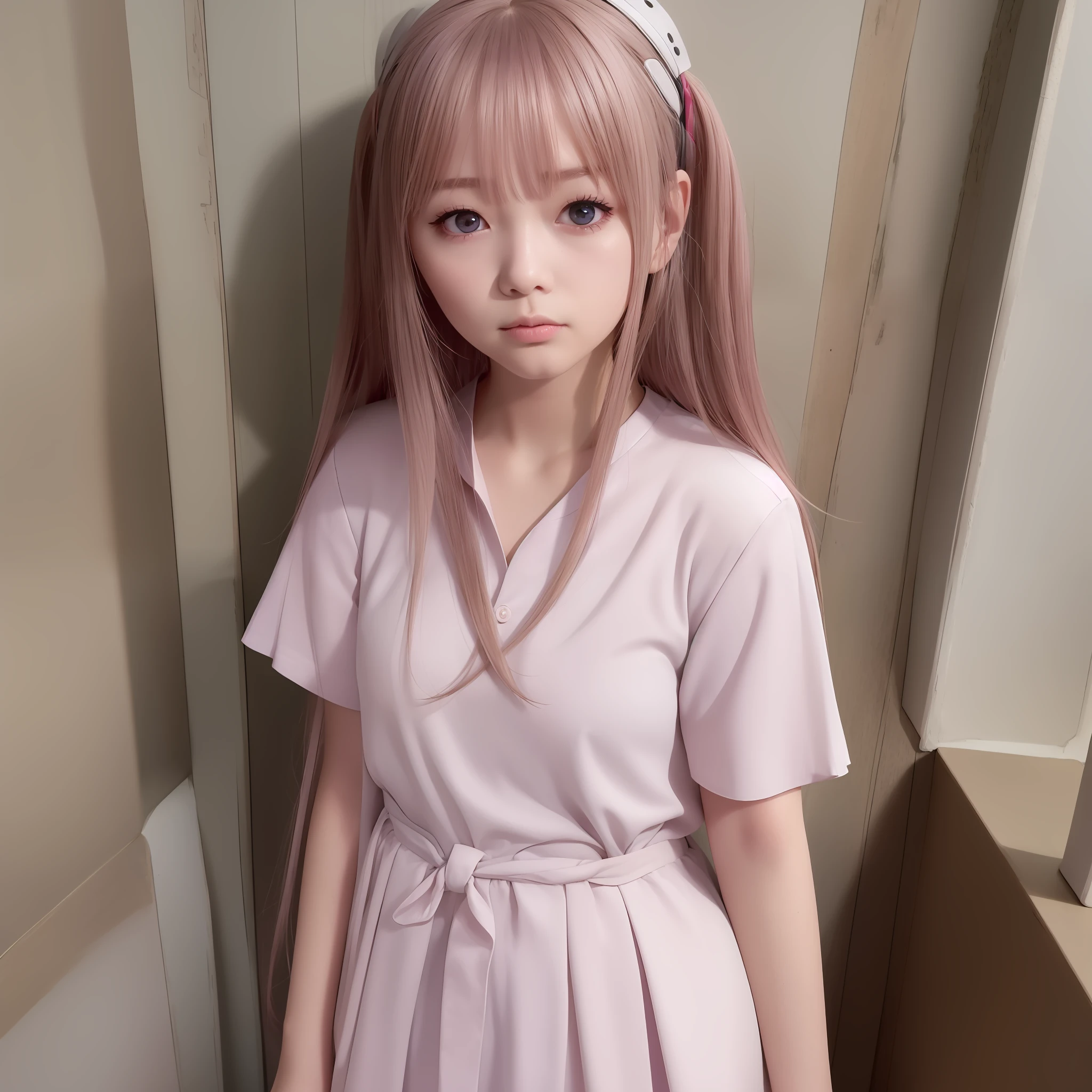 (Obra-prima)、((Max Quality))、(An ultra-detailliert)、1GIRL、pink-haired、Small tits、short stature、Medium Long Hair、Ahoge、schools、schoolyard、、Student uniform、skirt by the、 sock, Short Sleeve, Camisa, Camisa blanca、Red Face、bangs、frowns、pink eyes、perfectly hand、Hand details、Fixed finger。an earring、looking_at_viewer、Max Quality、lush detail、Perfect image quality、Bangkok、Bangkok University Uniform