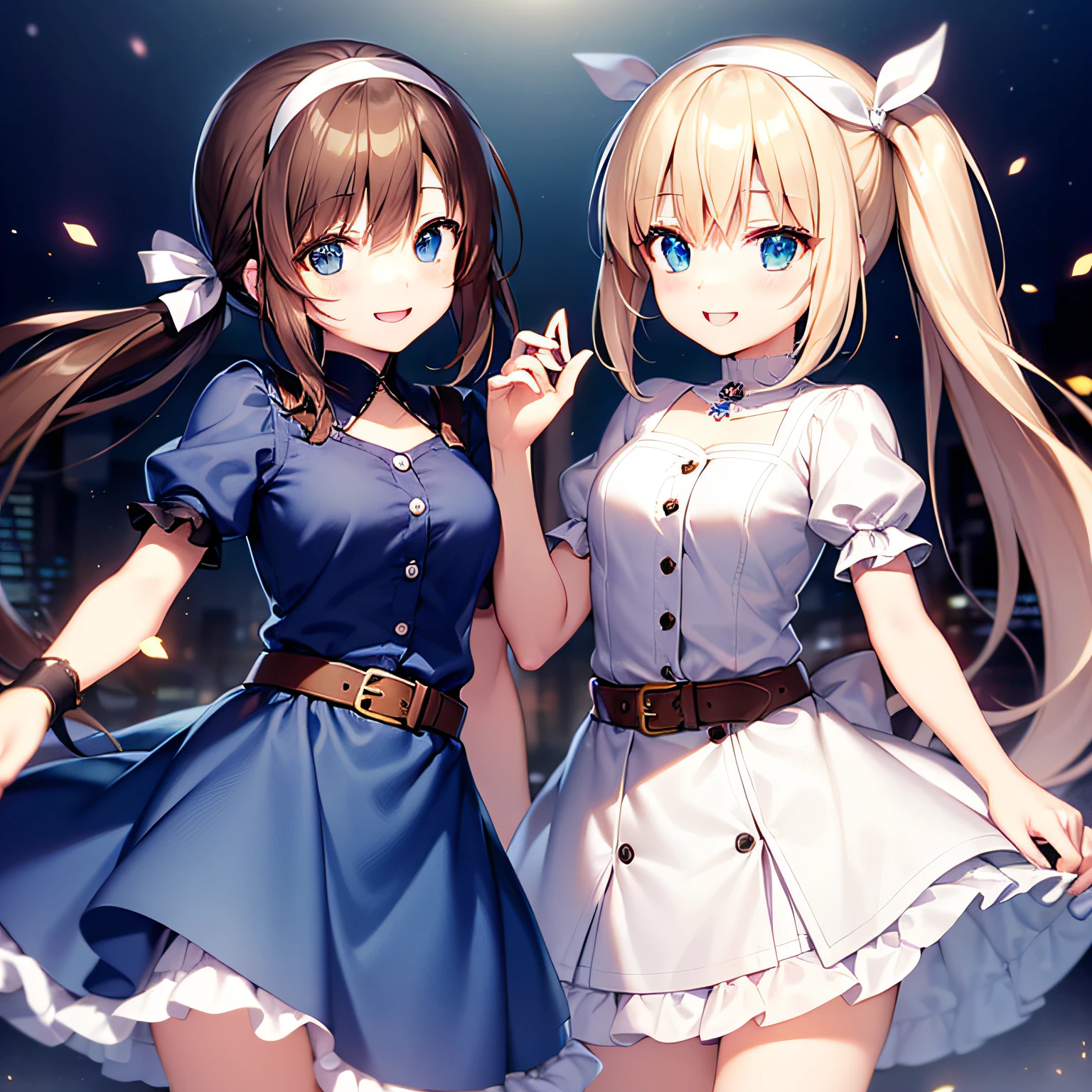 Max Quality、Extremely Delicate Beautiful、shojo、11 years ol、(dark brown hair)、(Blue clothes with vertical buttons)、Belt at waist、white  skirt、(ponytails))、(White Hairband)、(Brown boots)、blue eye、standing a、smilling face、