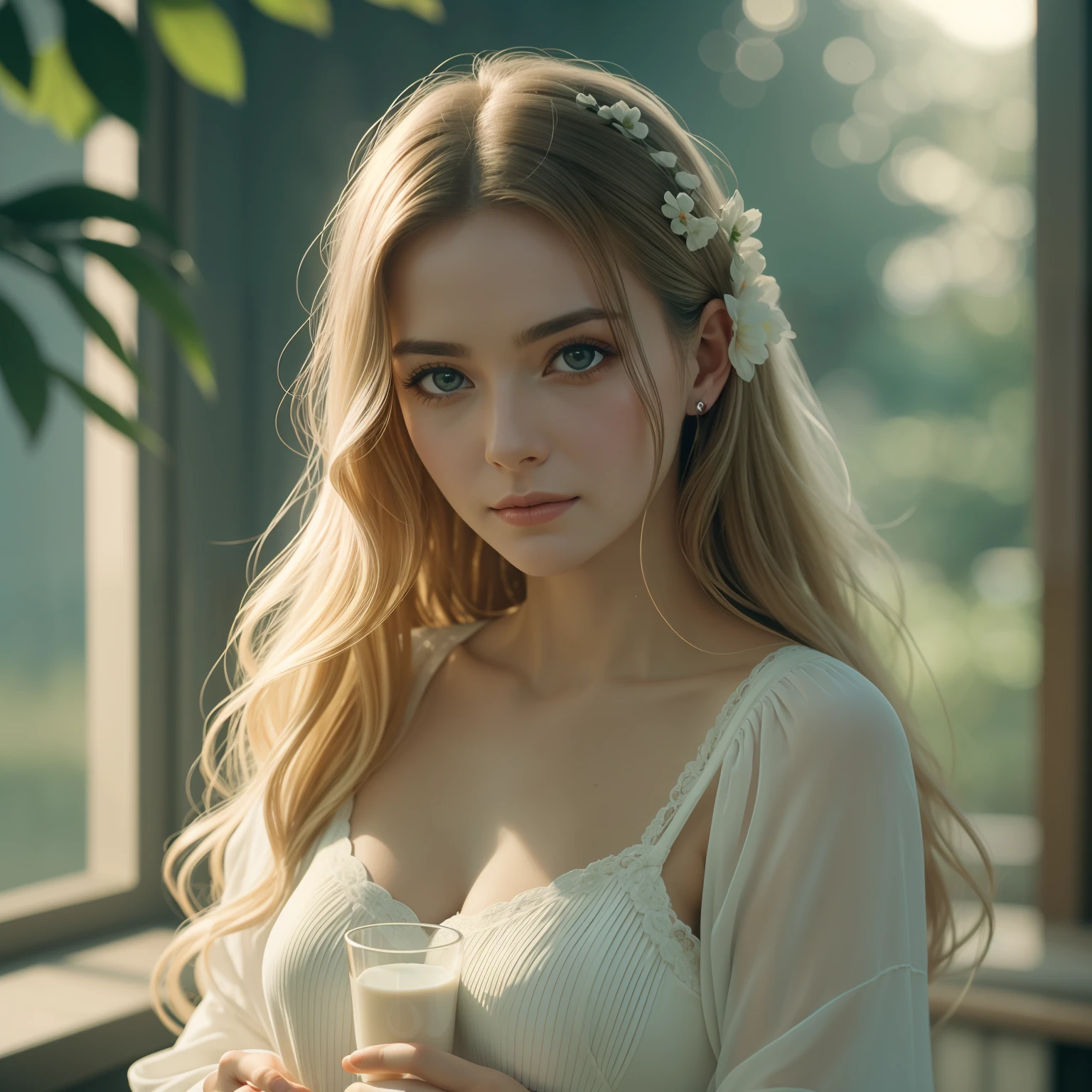 A graceful and nurturing Woman Holding Glass of Milk, serene expression,Super Fair Skin, White flowing and cascading Hair, warm and comforting gaze eyes, Milk background,Too Beautiful Woman Extremely Beautiful woman nikon d850 film stock photograph 4 kodak portra 400 camera f1.6 lens rich colors hyper realistic lifelike texture dramatic lighting unreal engine trending on artstation cinestill 800,8k,cinematic,cinematic shot, Medium shot