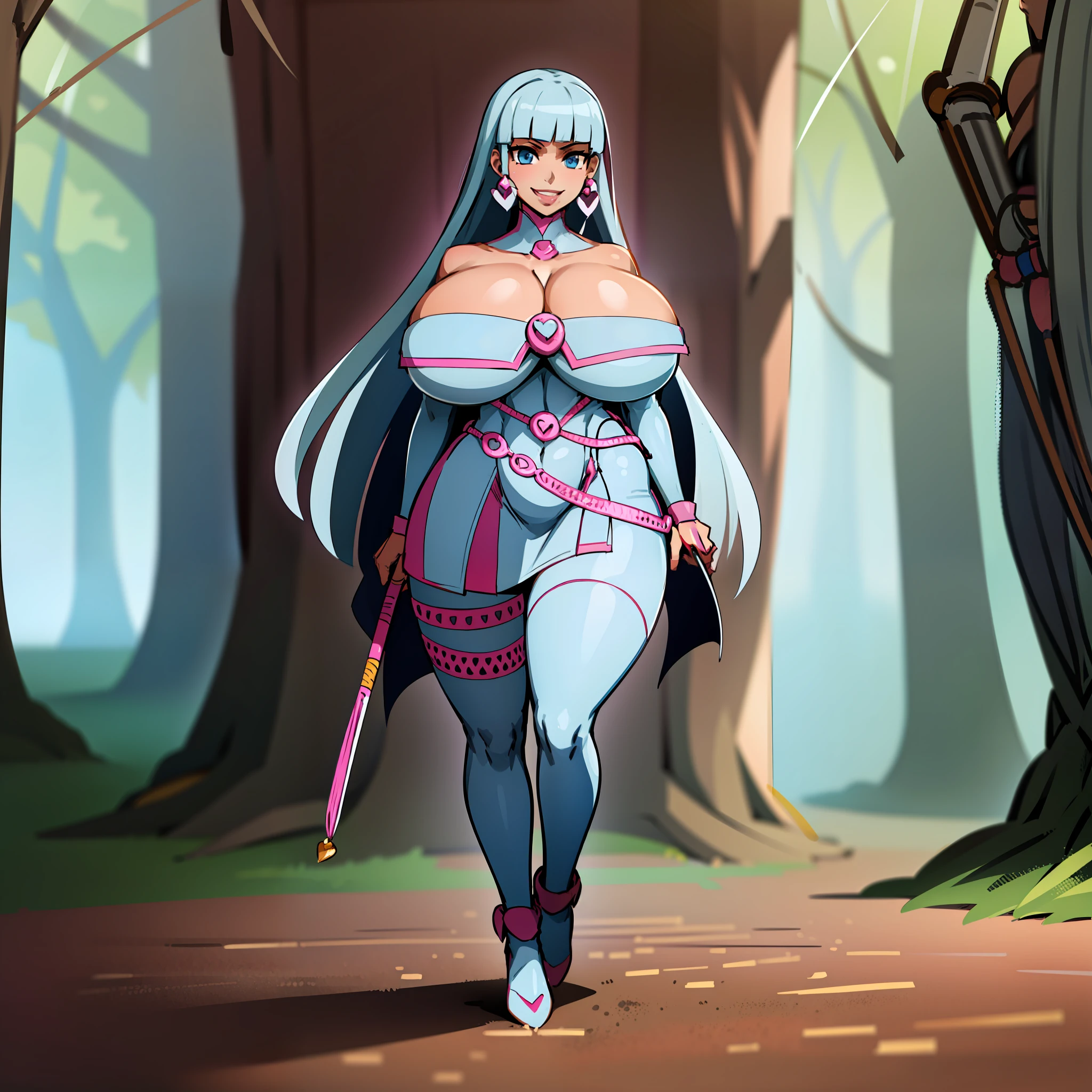 silver hair, big breast, magical girl, full body , walking, alone, 1character, smile, village forest