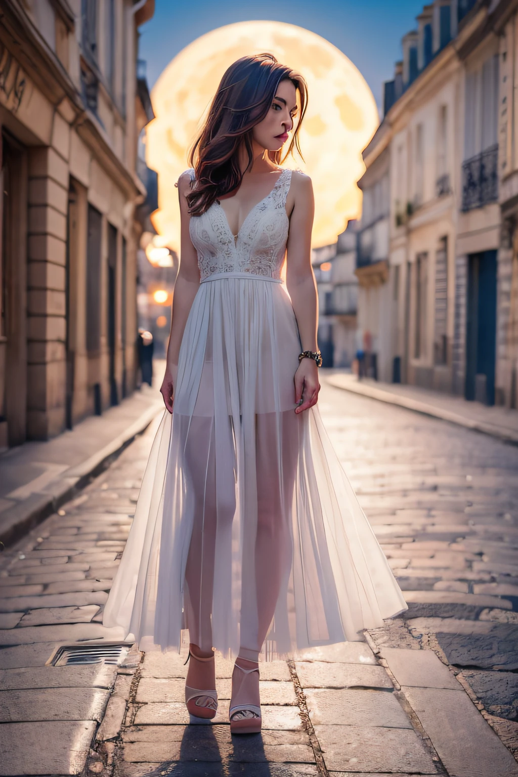 obra de arte. mujer guapa con pelo largo rubio. vestida con (vestido de channel). de noche con luna llena.de pie en una roca sobre unas bonitas vistas de paris. fotorealista, hiperdetallado,high quality,8k