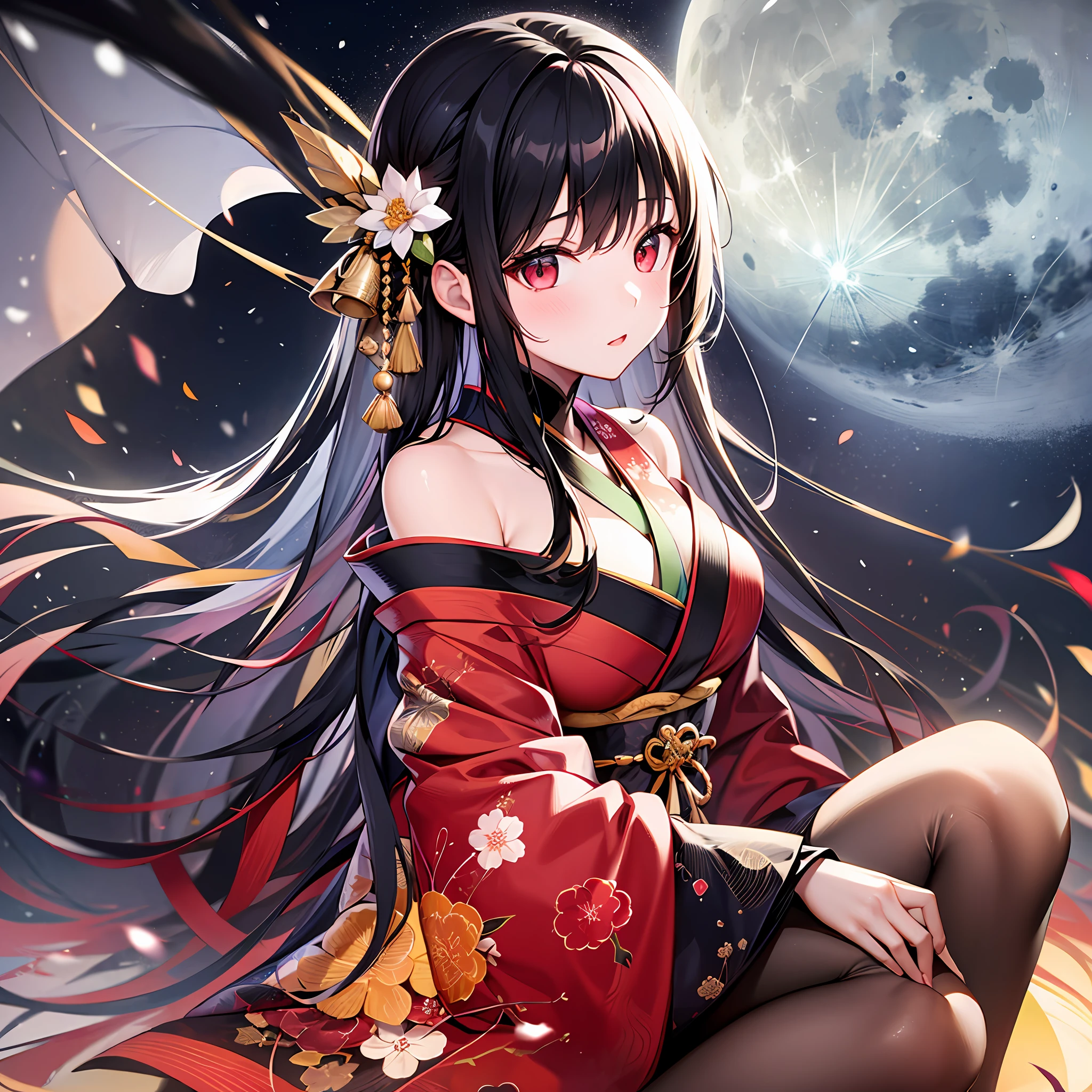One girl with black hair、Red Eyes、kimono ,、Shoulders are protruding、Sitting、Moon and snow