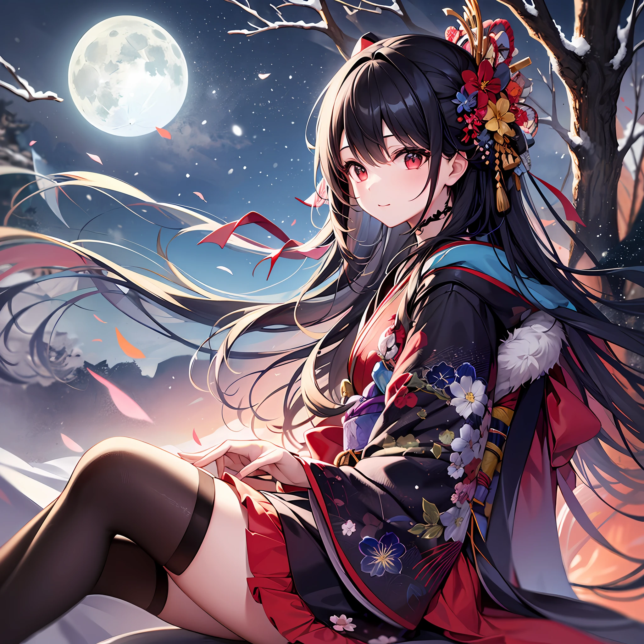 One girl with black hair、Red Eyes、kimono ,、Shoulders are protruding、Sitting、Moon and snow