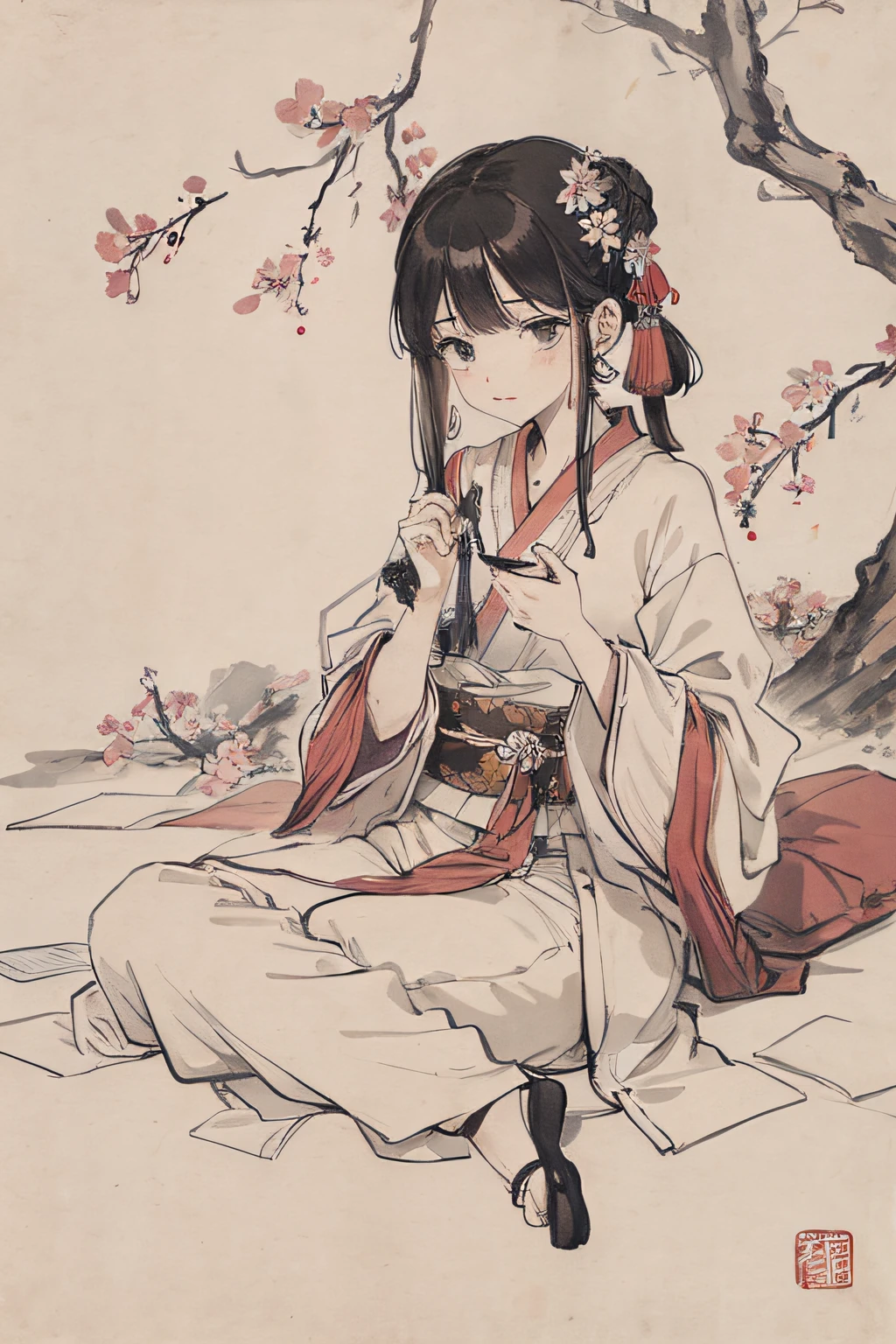 (obra-prima, melhor qualidade: 1.2), pintura a tinta chinesa tradicional, segurando uma flor de sakura no outono