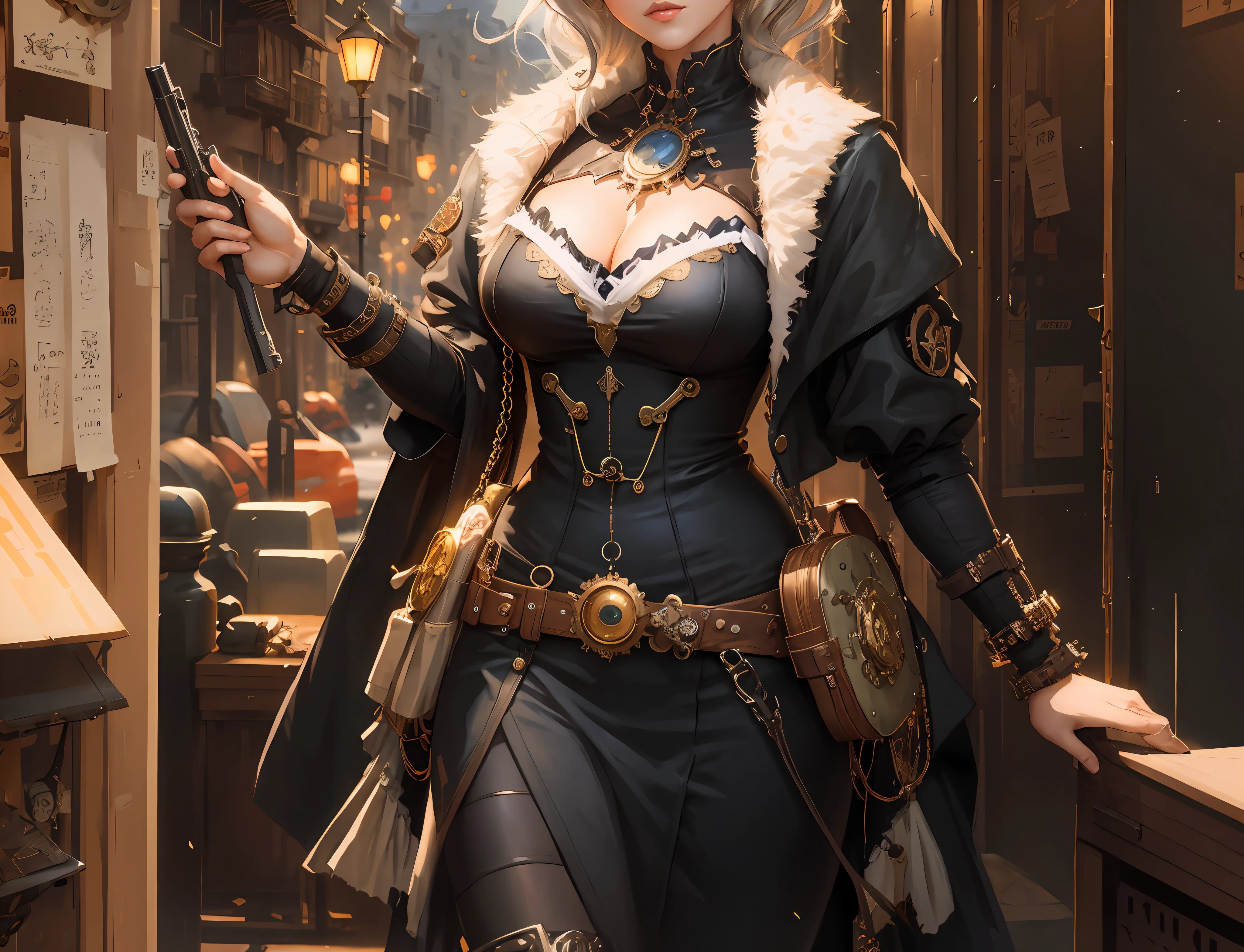 there is a woman in a steampunk outfit holding a gun, steampunk beautiful anime woman, by Yang J, cushart krenz key art feminine, steampunk fantasy style, stunning character art, steampunk concept art, artwork in the style ofguweiz, alexandra fomina artstation, epic exquisite character art, guweiz on artstation pixiv, in steampunk cityscape