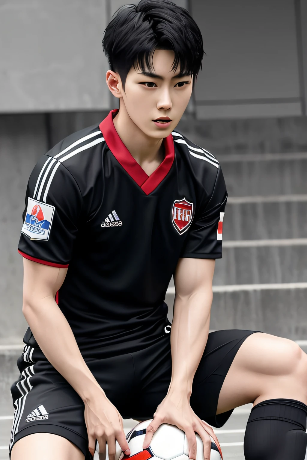 solo, male focus, 1boy, shinjichair, sitting, head down, short black hair, 1boy, (masterpiece, ultra quality, high resolution, 8k, intricate: 1.2), (detailed face:1.2), handsome, Young Korean man ,white skin, double eyelids , detailed skin, 1boy, ((realistic)), abs, good lighting quality, muscle veins, ((pale skin)),wearing tight soccer uniform