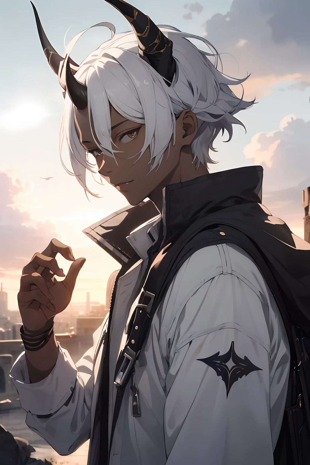 absurds,Hi-Res,super-detailed,official arts,Unified 8k wallpapers,super-detailed,Beauty and aesthetics,Obra-prima,best qality,short white colored hair,Dark skin,There are horns on the head,Cute and handsome boy