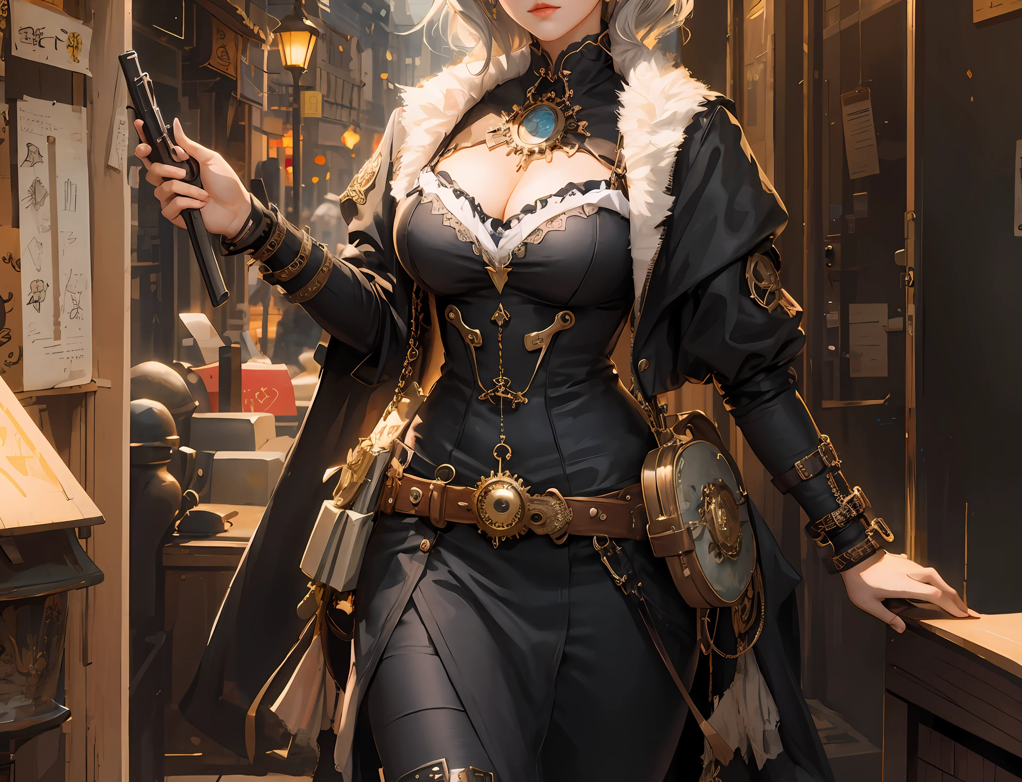 there is a woman in a steampunk outfit holding a gun, steampunk beautiful anime woman, by Yang J, cushart krenz key art feminine, steampunk fantasy style, stunning character art, steampunk concept art, artwork in the style ofguweiz, alexandra fomina artstation, epic exquisite character art, guweiz on artstation pixiv, in steampunk cityscape