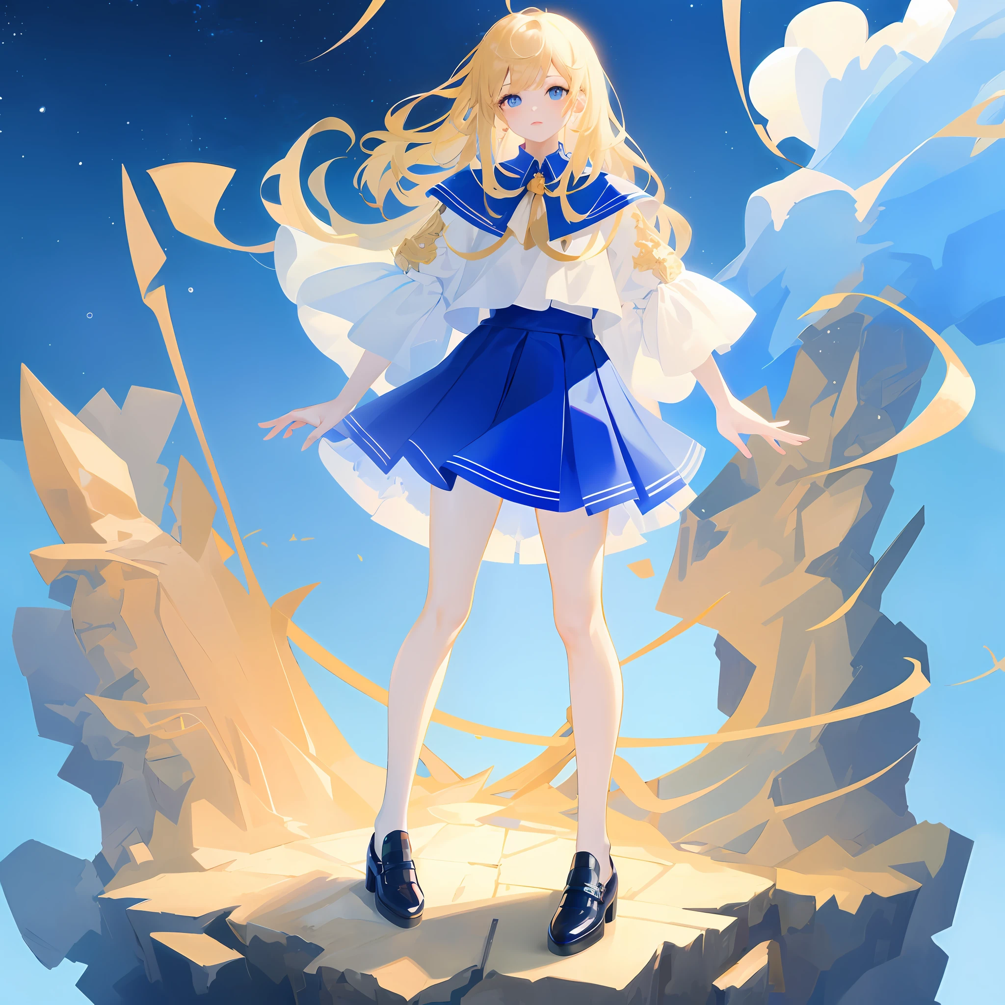 Short skirt in blue and white,shojo,blue eyes,Long blonde hair,FULLBODY,Blue mid-heeled leather shoes,the highest picture quality,Starry sky elements,Obra-prima,Beautiful CG,high light,natural beautiful light,hdt