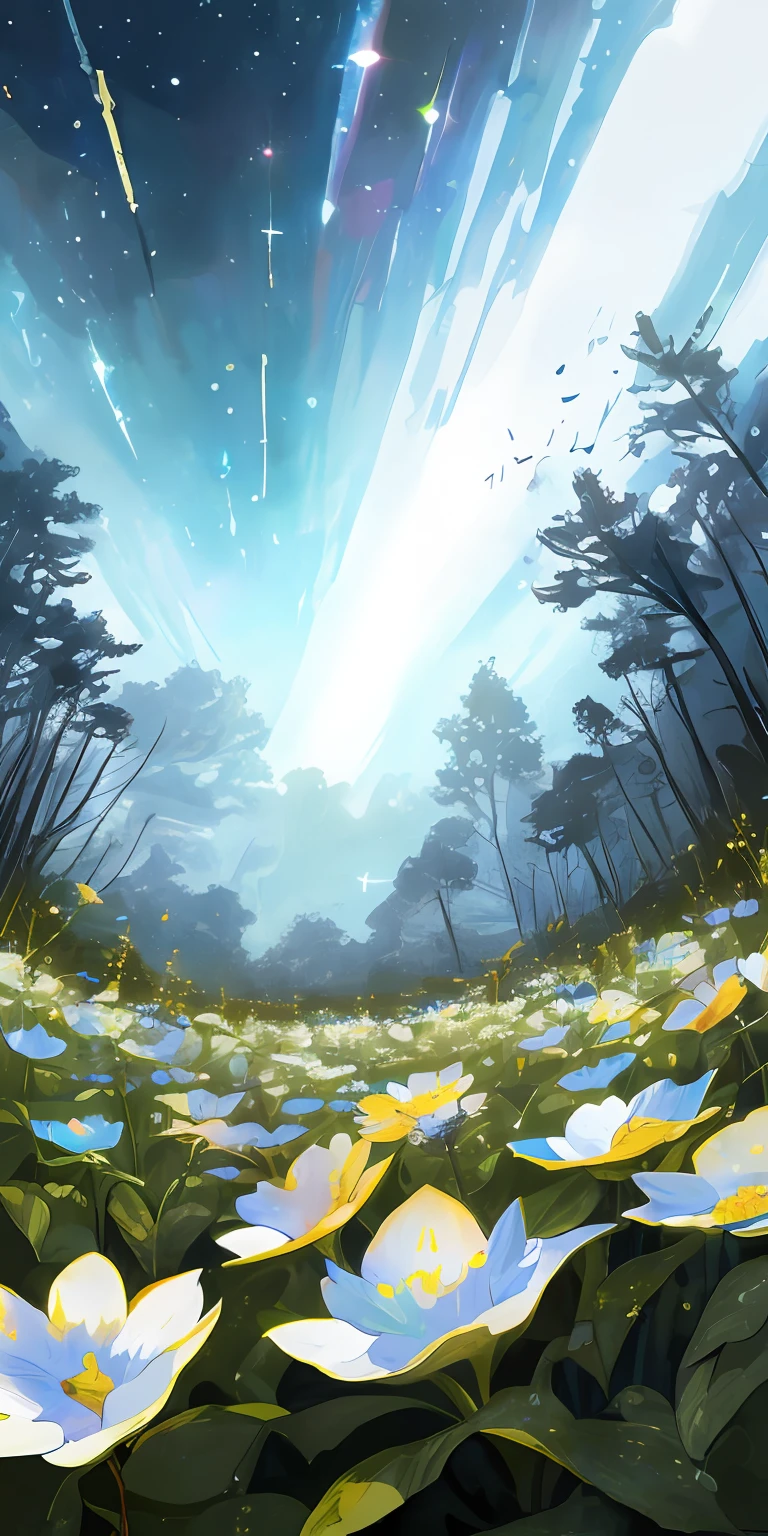 A vacant lot,Flowers grow in open spaces,In the distance is a dark forest,The flowers are bright,light sparkles,Clear skies change from above to dark skies,Look at the camera from below,Dark lighting,volume illumination,super-detail,Environmental details,highs quality,coverpage,Fantasia,Arte,Obra-prima,best qality