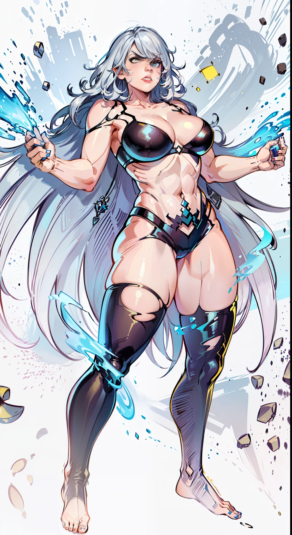 (((1girl))), (((cabelo-longo-cor-amarelo))), olho-cor-azul, pele-clara, musculosa, (((cabelo amarelo))), (((orelhas de elfo)), (serious expression), (angry expression), olhar sedutor, olhar brilhante, seios grandes, raios azuis em volta