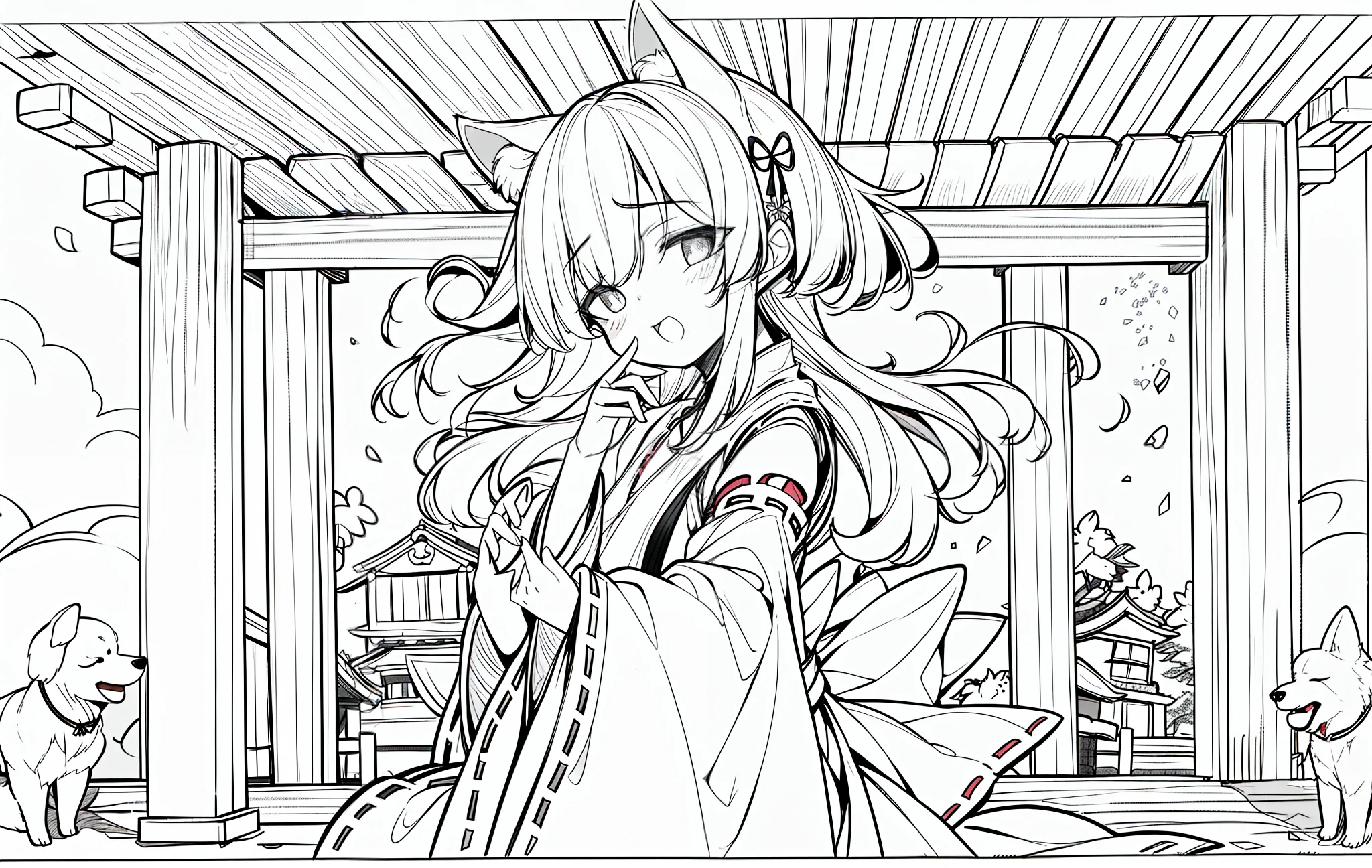 1loli,dog ears,miko,small chest,shrine maiden,from side,line art,cute pose,white background,hand on mouth,open mouth,empty eyes