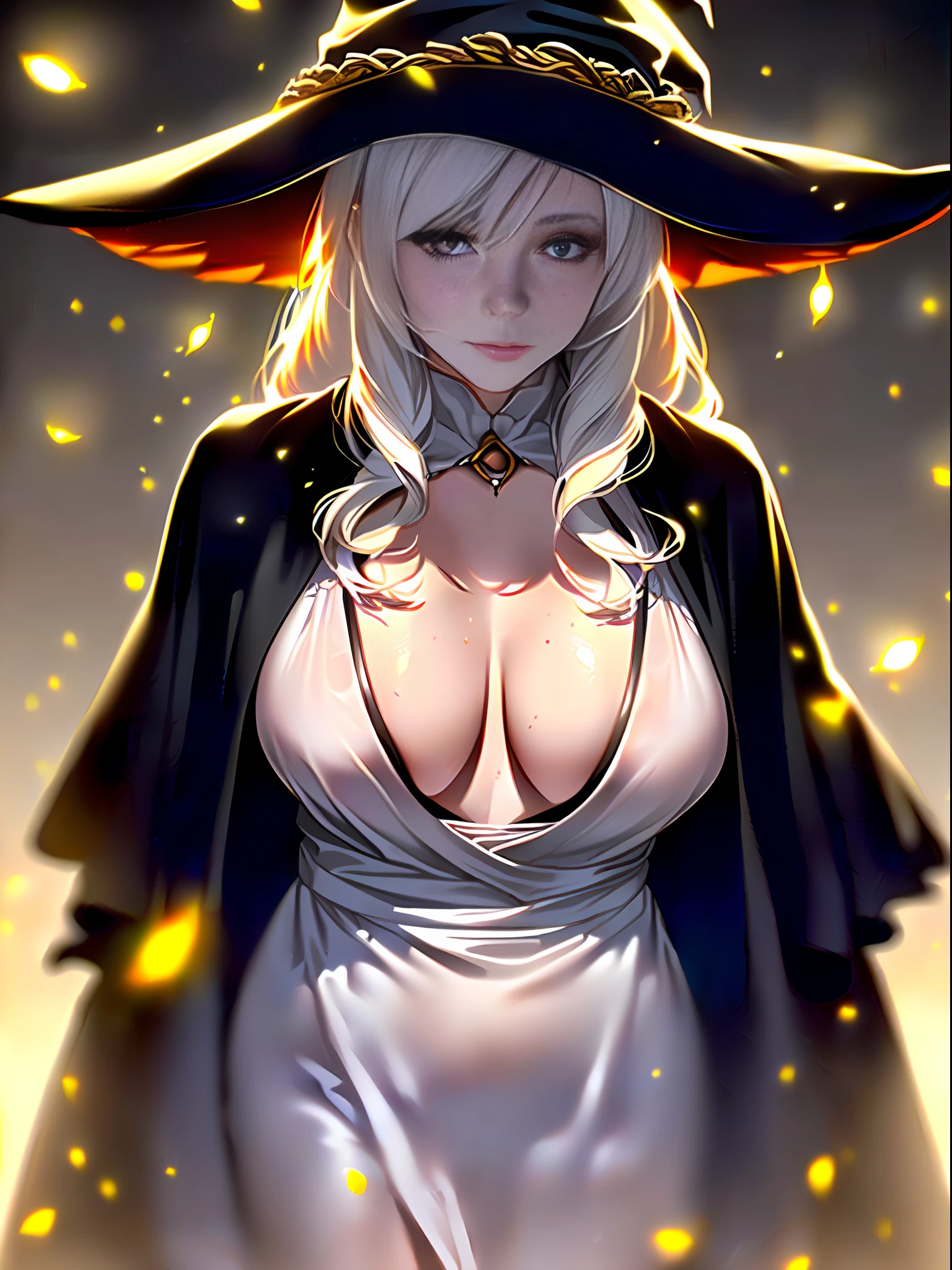 RAW photo, one person, skin invisible, full body photo of 60 year old woman, witch, Sensual beautiful woman with round cheeks, realistic facial expression, light red eyes, pale skin, wavy white hair, long hair, witch hat, white skin, slender body, wearing full body black robe with rich decoration, confident expression, (fireflies, glowing particles, ethereal fog, faint darkness), high saturation, film light, rim light, best shadows, pointing here, background is urban ruins, (very detailed skin: 1.2), 8k UHD, DSLR, soft lighting, high quality, film particles, fujifilm XT3