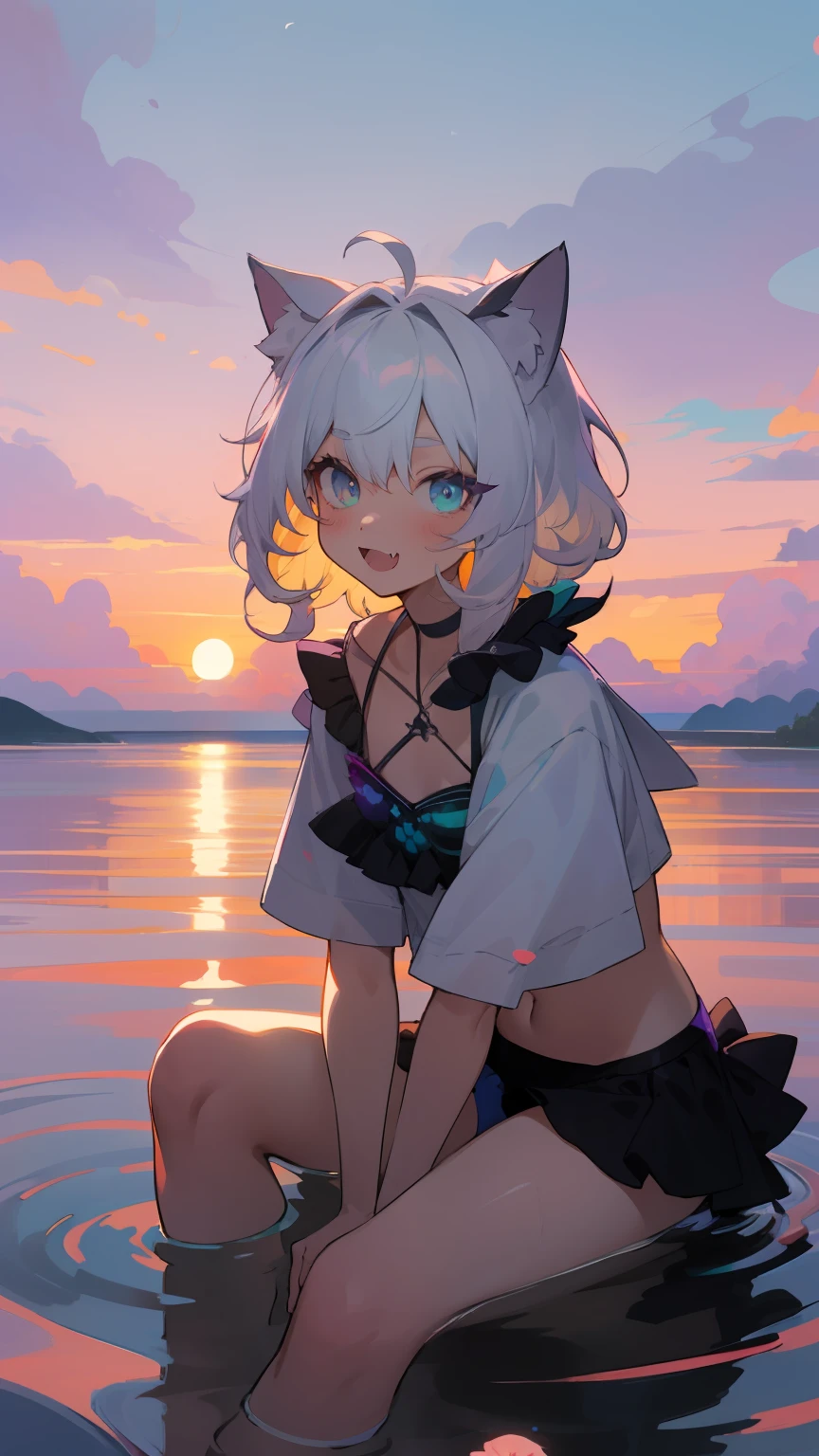 Obra-prima，Cute short girl sitting，cat ears，fang，Detailed eyes，bicolour eyes，Purple turquoise gradient eyes，bobed hair，white hairs，Hair is pure white and fluffy，Flower decorated bikini，Ruffles，out door，horizon line，SKY，seas，water world，wavy，ripples，sunset，Vignette。