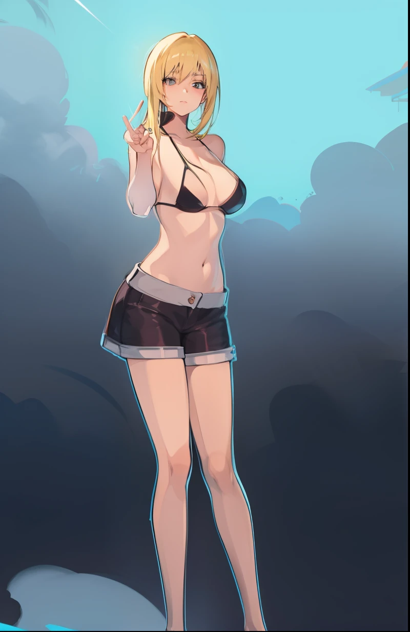 cartoon of a woman in a bikini top and shorts with a purse, de s da linha de frente, meninalo linha de frente, detalhes finos. meninas da le frente, foco nas coxas, menina anime sedutoupa reveladora, noire cena mal-humorada, estilo anime ecchi, cell shaded adult animation, SFW Version, (sfw) seguro para o trabalho, Varied positions, seios grandes, cabelo preto