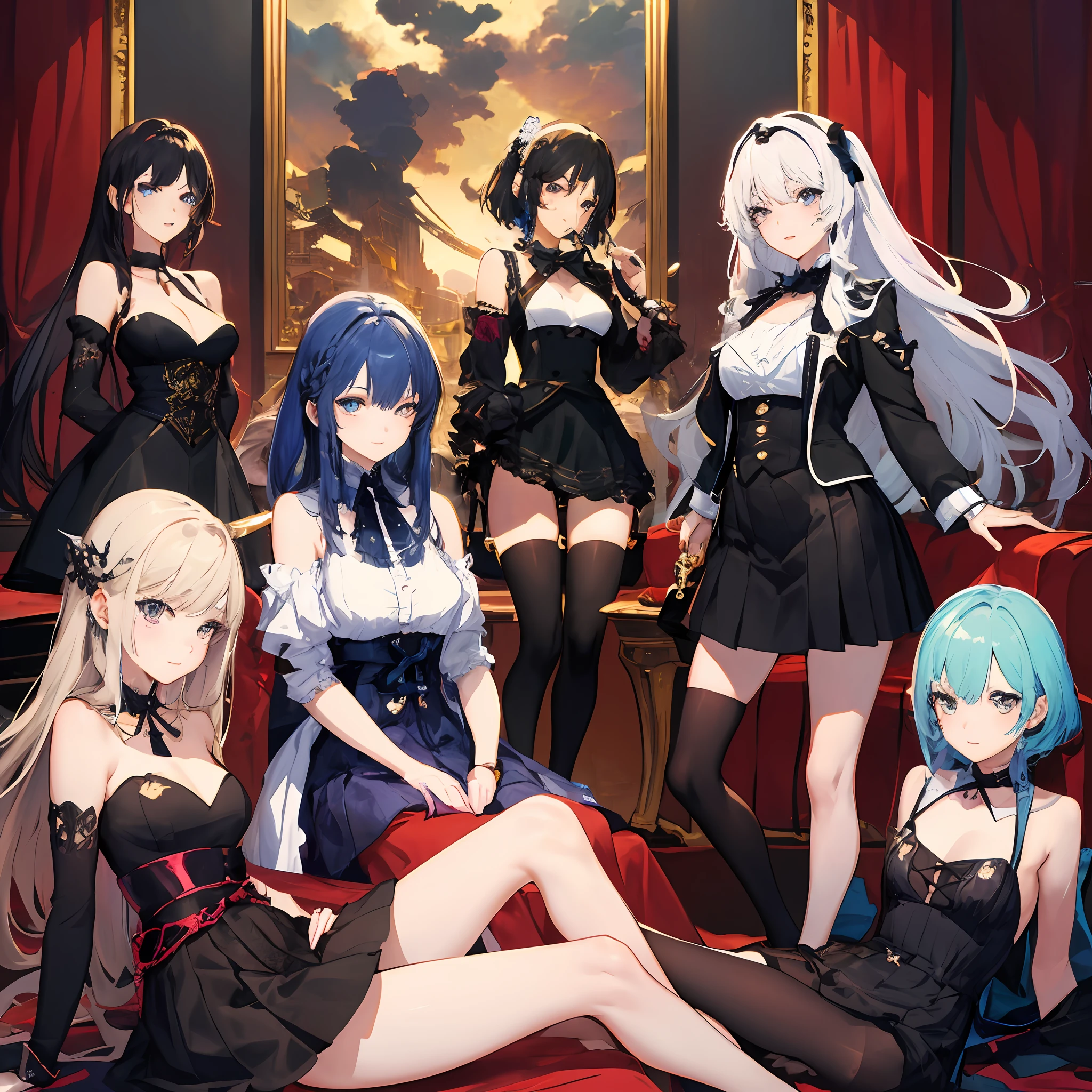 nine girls,Different hair colors,The skirt is in good shape,Bare long legs,Plump breasts,young anime man,High quality anime art style,Anime Moe Art Style,RGB lighting,Colorful short skirt,Watch Viewers,different postures,sexy position,different temperament,naughty,arrogant and indifferent,rich furnishings,close shot,a seductive expression,rich colors,in a luxurious villa,a luxurious living room,Vibrant appearance,Playful accessories,Creative behavior,Imaginative,Sensual,spontaneous,exquisit facial detail,Clear facial features,pretty eyes