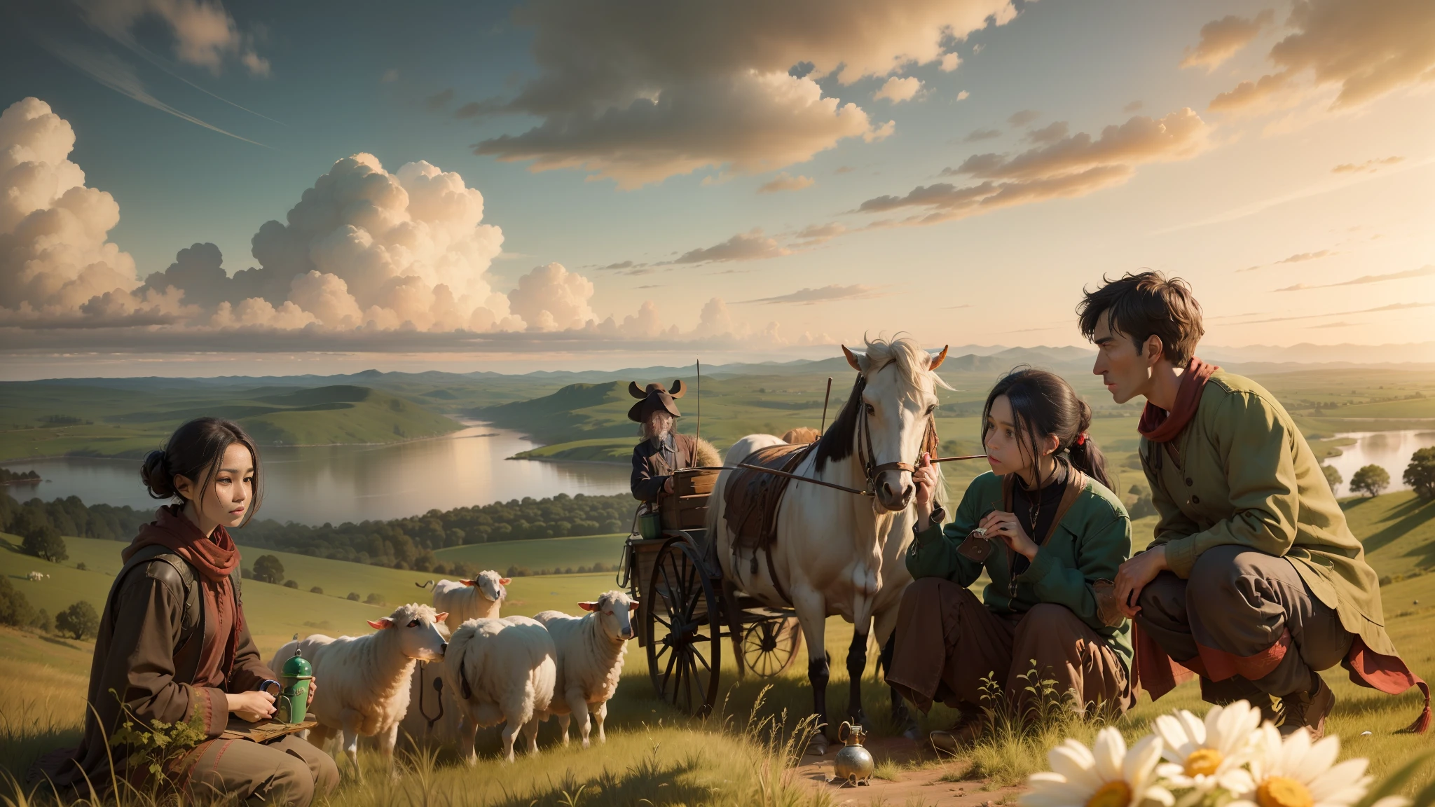 Green Prairie,The terrain is flat and vast,Low hillside in the distance,There are groups of yurts behind the characters,Wooden cart,Cattle, sheep, carts and horses,hdt,Oil Painting Texture ,super high definition, Obra-prima,textured skin, High Details, super-detail, best qality, Hi-Res, 8k