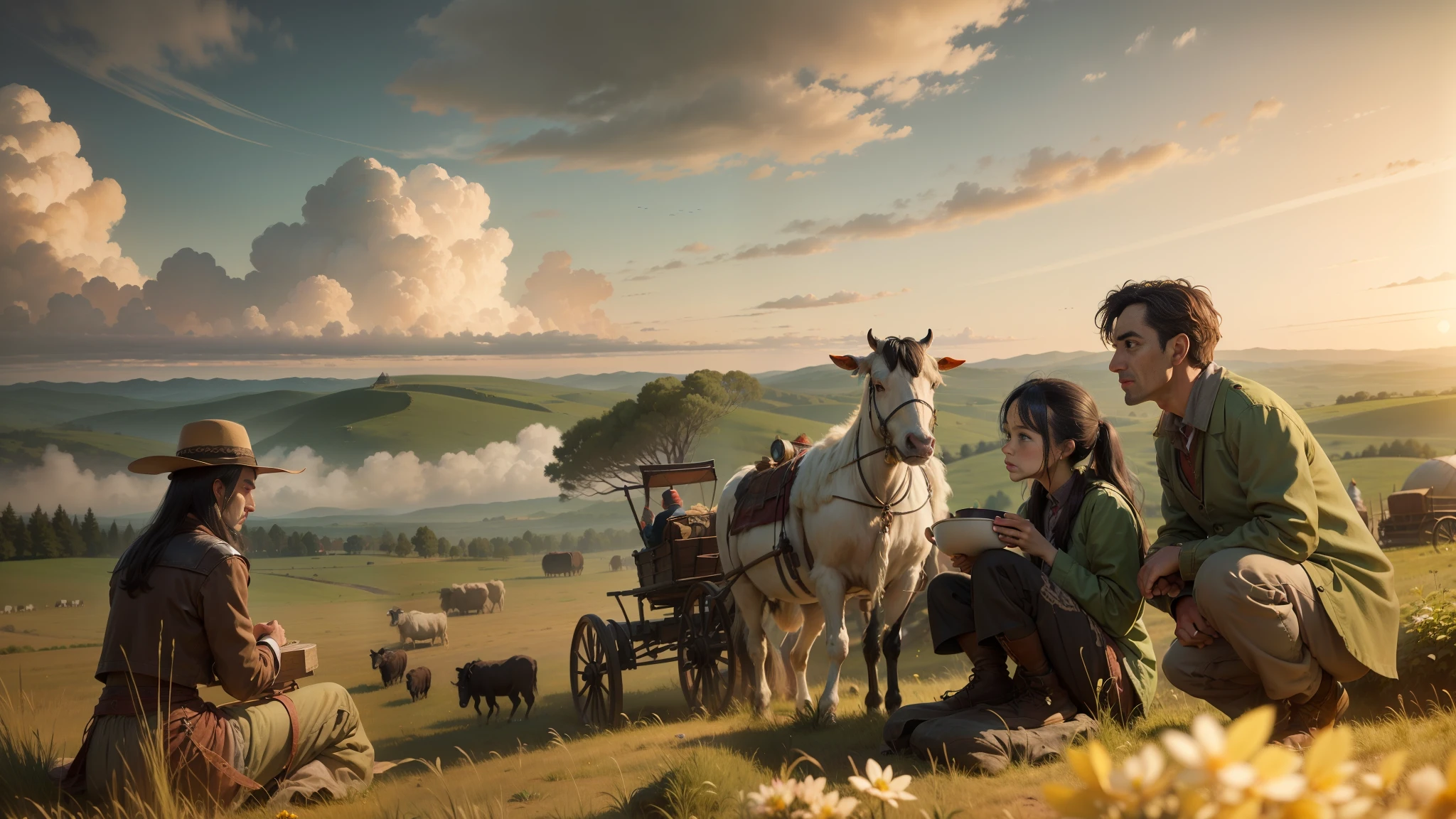 Green Prairie,The terrain is flat and vast,Low hillside in the distance,There are groups of yurts behind the characters,Wooden cart,Cattle, sheep, carts and horses,hdt,Oil Painting Texture ,super high definition, Obra-prima,textured skin, High Details, super-detail, best qality, Hi-Res, 8k