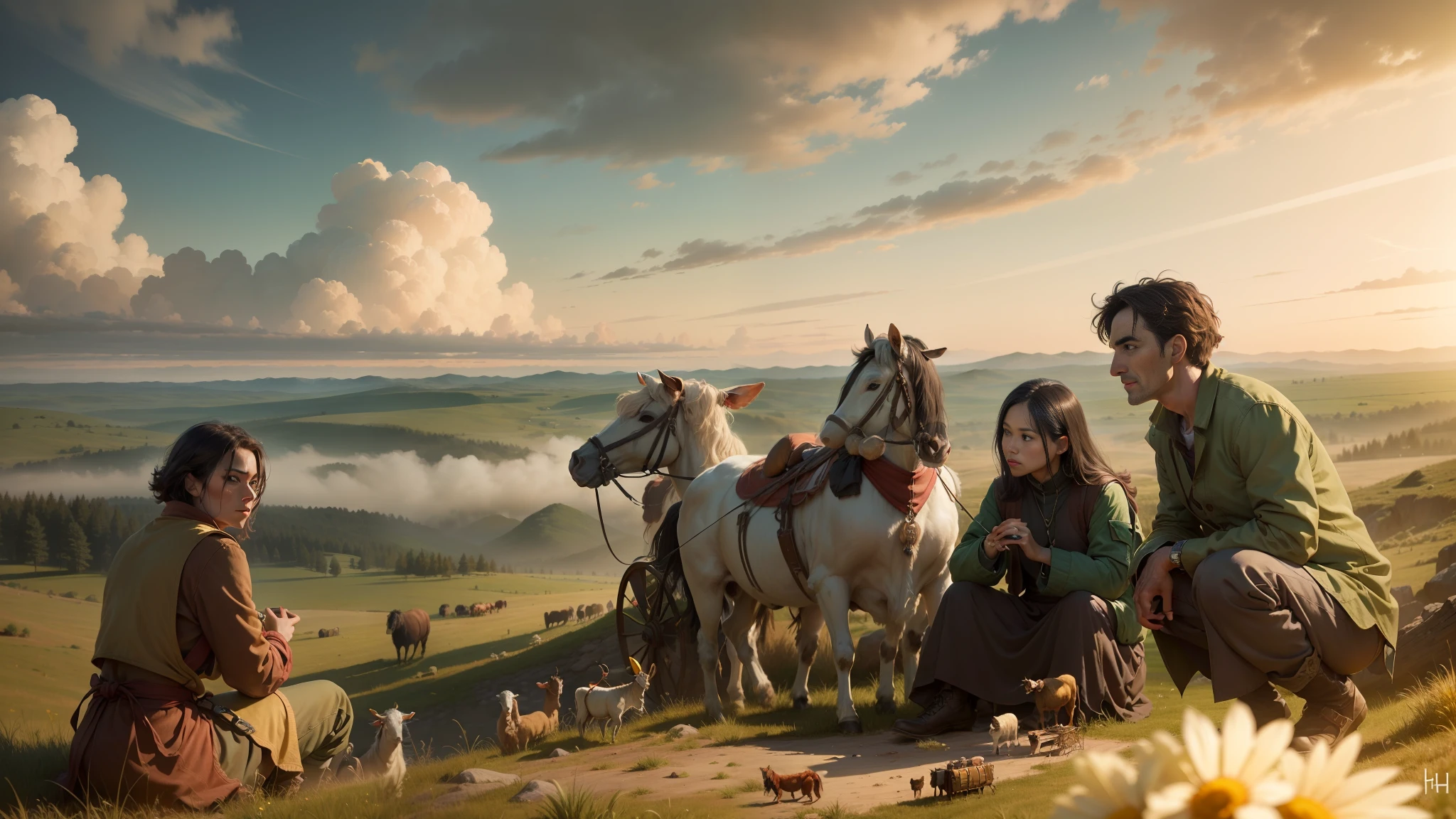 Green Prairie，The terrain is flat and vast，Low hillside in the distance，There are groups of yurts behind the characters，Wooden cart，Cattle, sheep, carts and horses，hdt，Oil Painting Texture ，super high definition, Obra-prima，textured skin, High Details, super-detail, best qality, Hi-Res, 8k