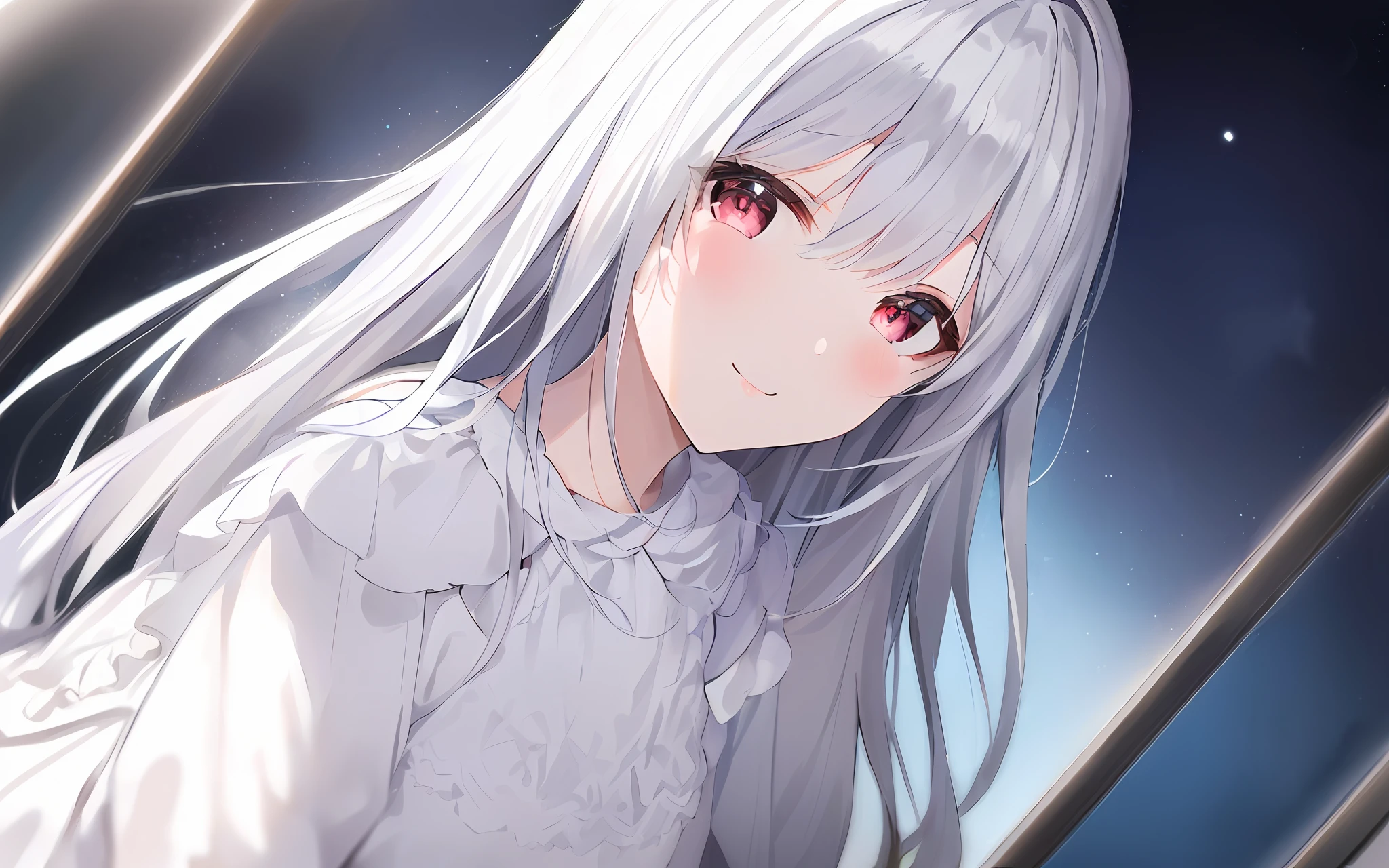 1girl, FULLBODY, Cowboy photos, (Rembrandt), illustration, (masterpiece), (best quality), (ultra_detailed), finely detail, (Depth of field),  mittens,  long-haired, star\ (symbol\), looking at viewer, (Silver hair:1.2), red eyes, upper body, hair ornament, :p, frills, pink shirt, smile, sleeveless, shirt, idol, symbol-shaped pupils, hands up, Brags smiles，Sleeveless，Camisa，THE IDOLM，raised hand，hair bangs，One side facing up，Arms  pulling，Roaring Twenties，isometry，Seen from above，SKY，the flowers，cliff，
